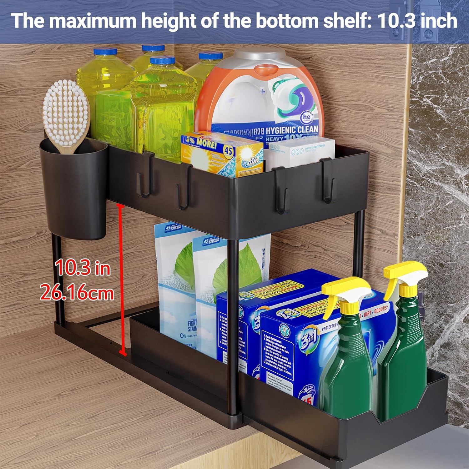 Mueble de almacenamiento bajo fregadero de 2 niveles con cajones deslizantes, organizador polivalente para cocina y baño – Negro - 4