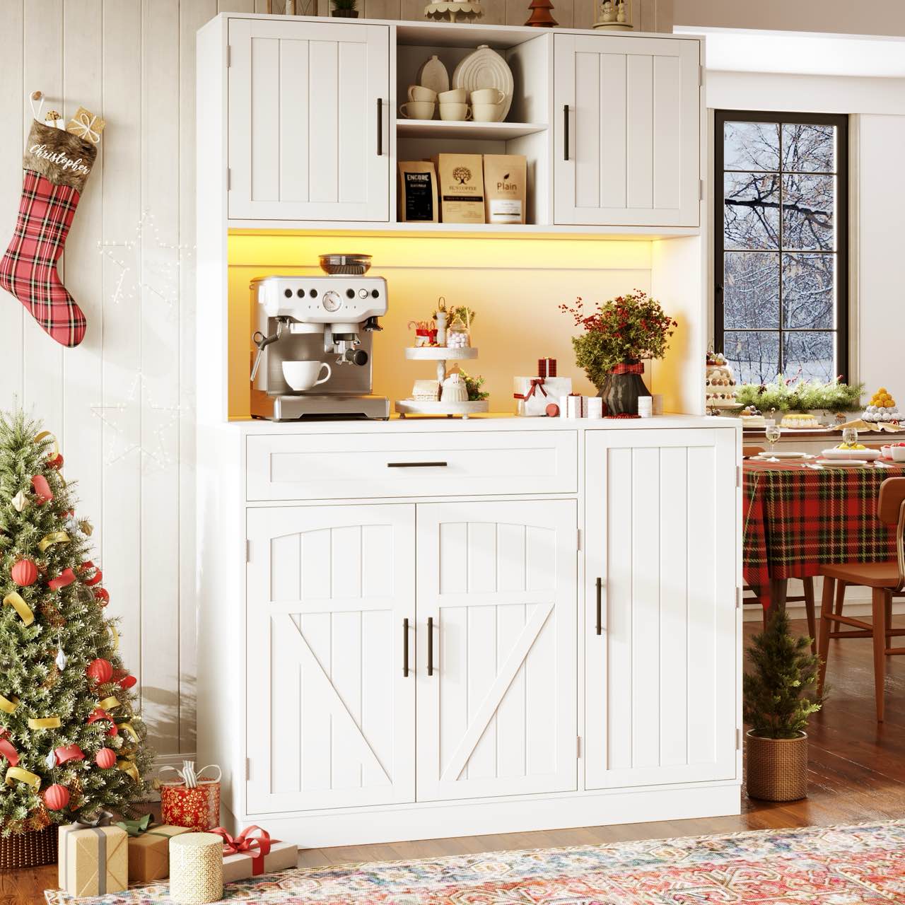 Kredens kuchenny z 5 drzwiami, 1 szufladą i 2 otwartymi przegrodami - 110 x 38 x 180 cm - diody LED i port ładowania - płyta MDF - biały - 3