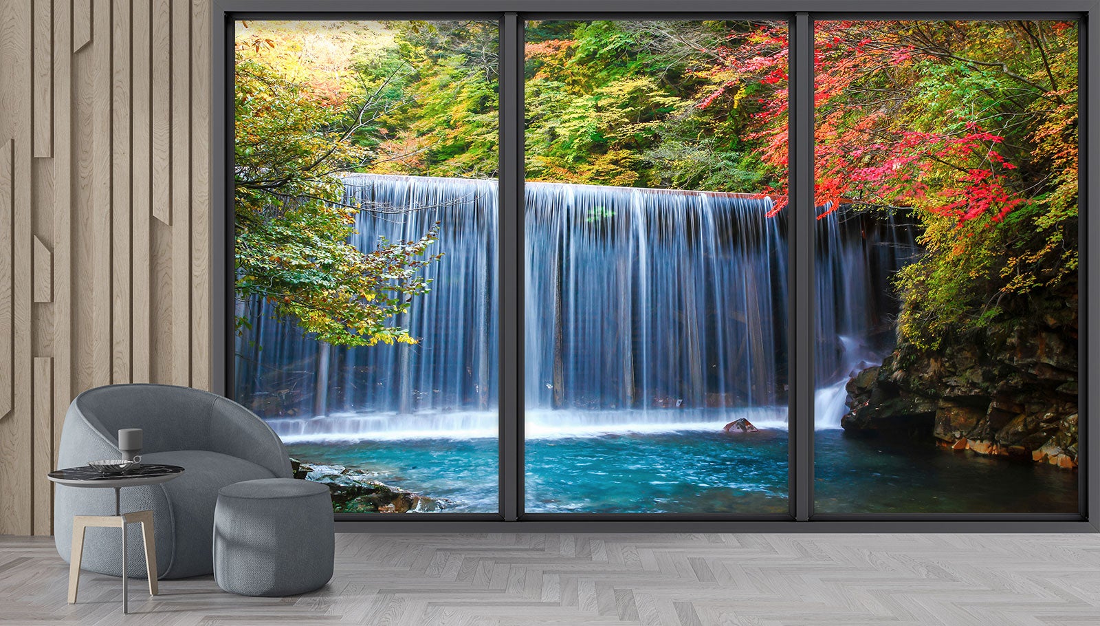 Papier peint panoramique intissé décoratif Trompe l'oeil baie vitrée - Cascades - L260 cm x H156 cm - 4