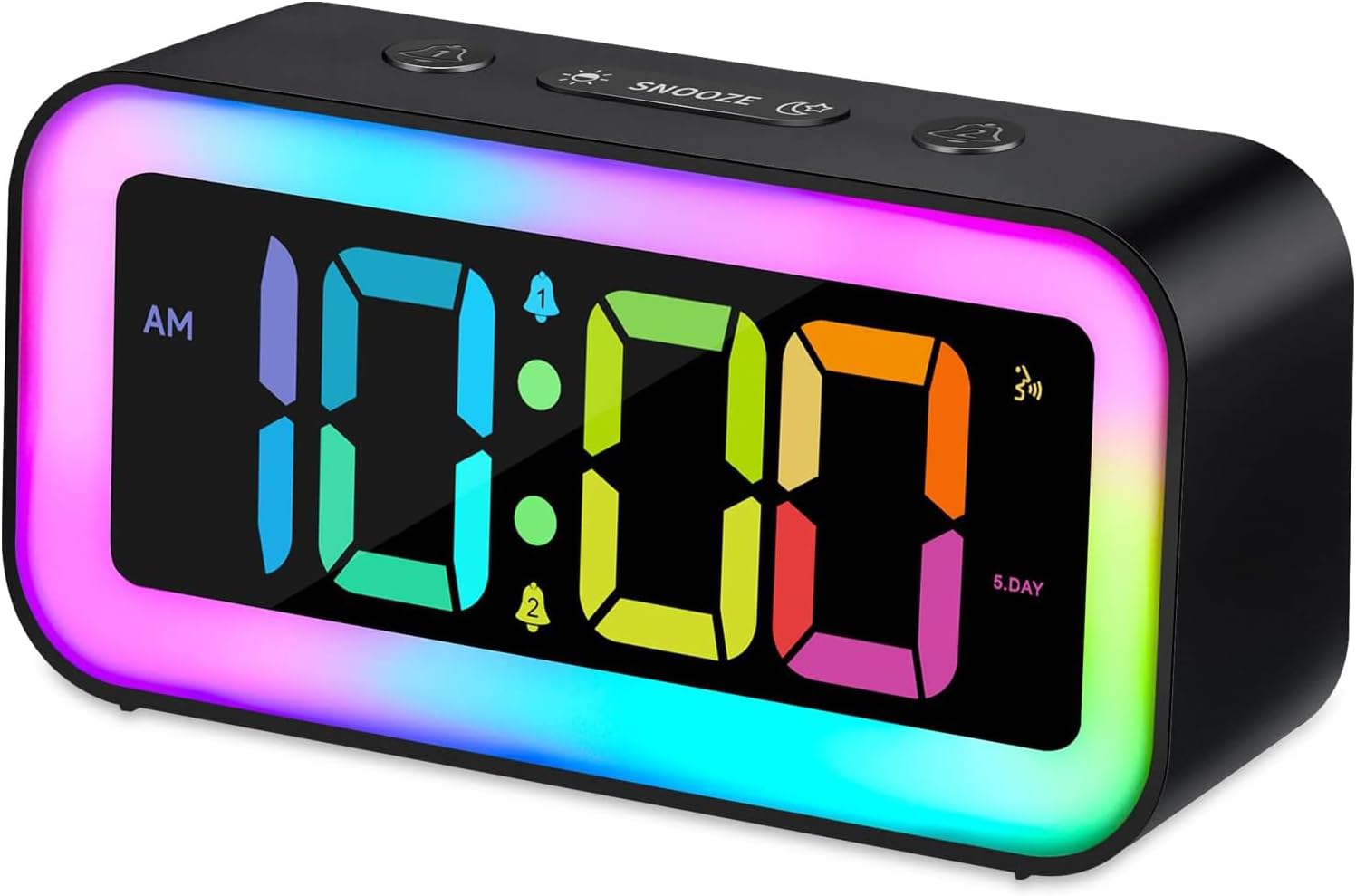 (Czarny) Mocny Budzik do Pokojów z Lampką Nocną RGB, Dla Osób Śpiących Głęboko, Podwójny Alarm, Ściemniacz, Ładowarka USB, Mały Cyfrowy Zegar Nocny