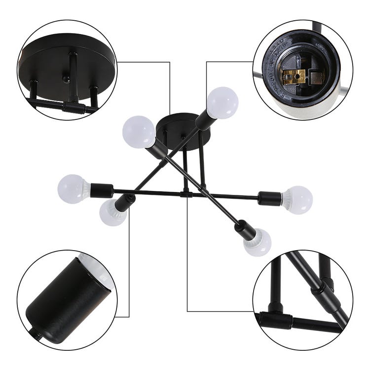 Plafonnier LED Moderne, Rétro Lustre Lampe Suspension Vintage 6 Lumières E27 Base, Lustre Luminaire en Métal Lampe pour Salon Chambre Cuisine - 6