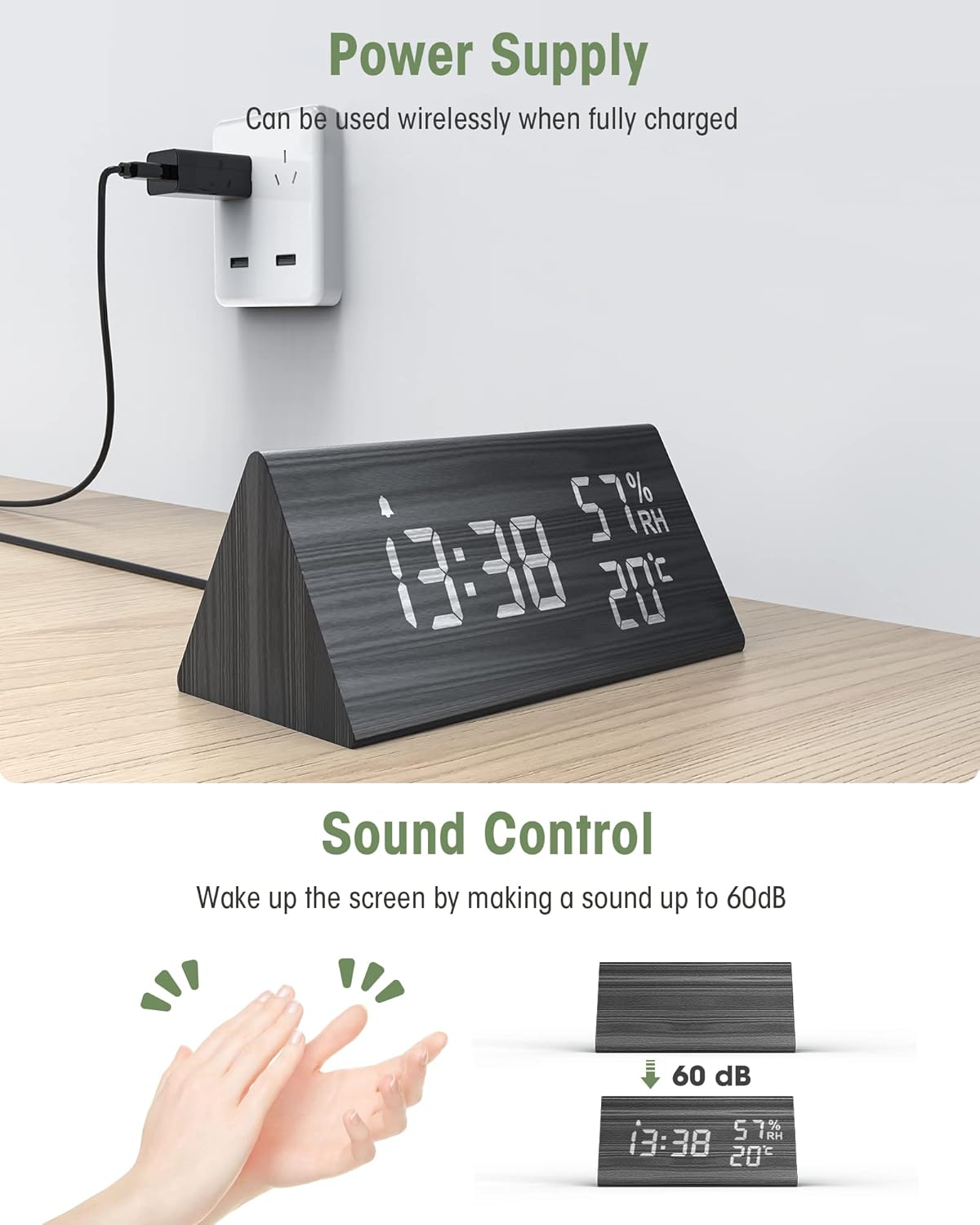 Réveil numérique en bois, avec fonction snooze, date, température et humidité - Noir - 5