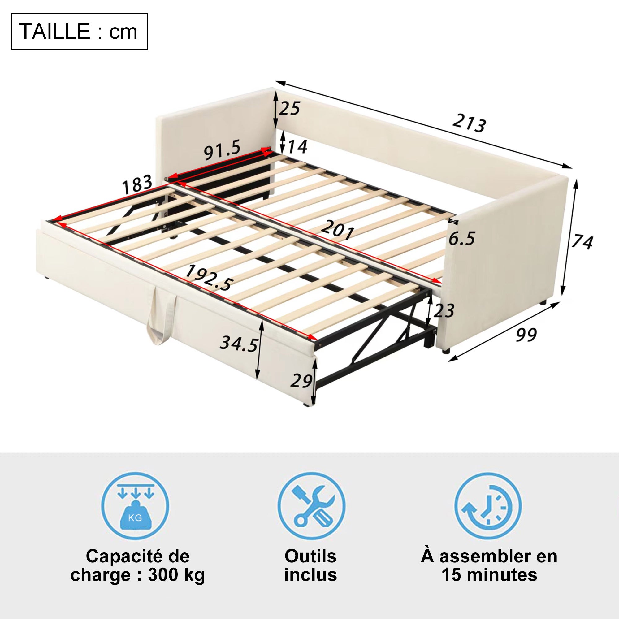 Canapé-lit extensible 90/180 x 200cm 2 Places, canapé convertible rembourré avec sommier à Lattes, velours, beige, sans matelas - 2