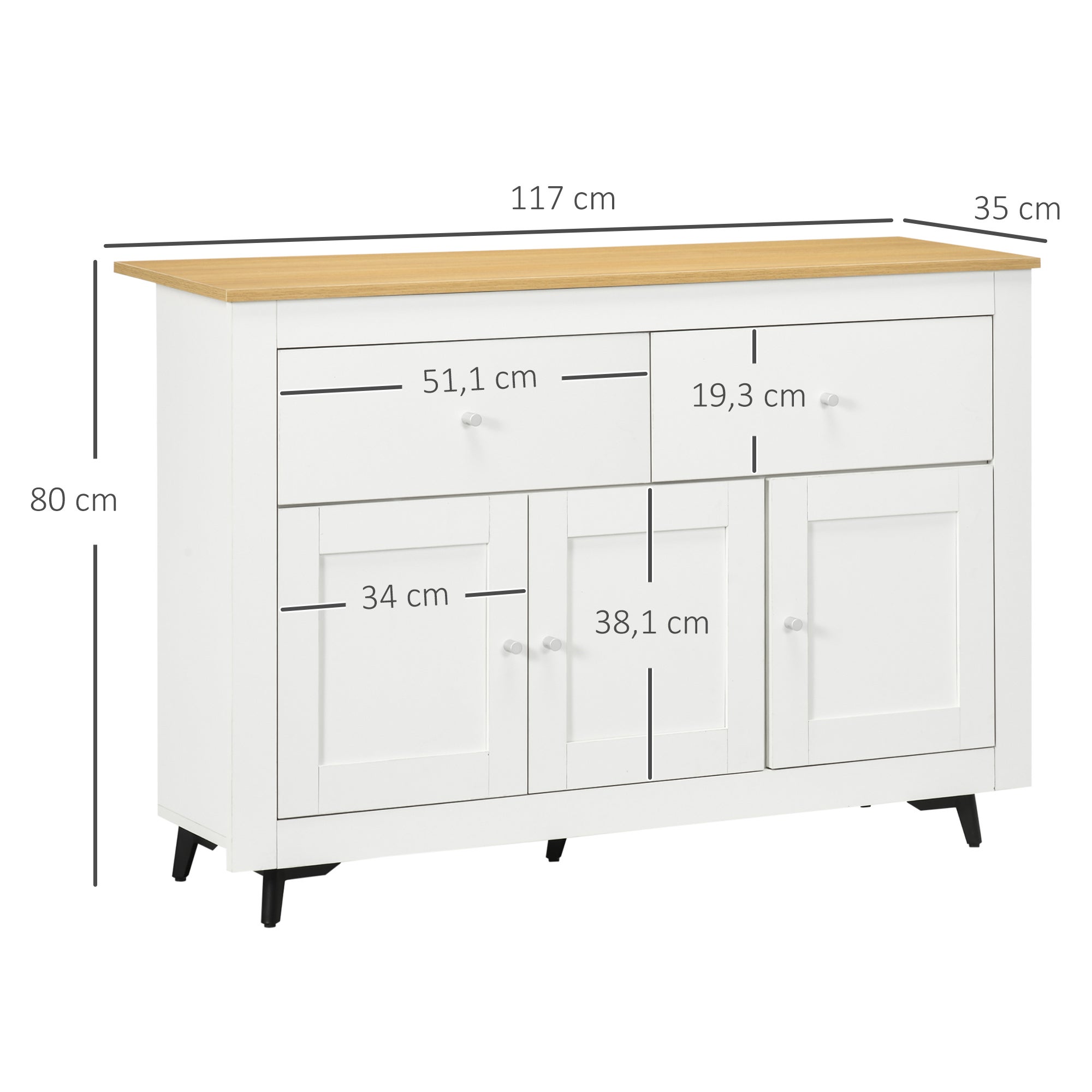 Aparador de Cocina HOMCOM Melamina de Madera Blanco, Madera natural 117x35x80 cm - 3