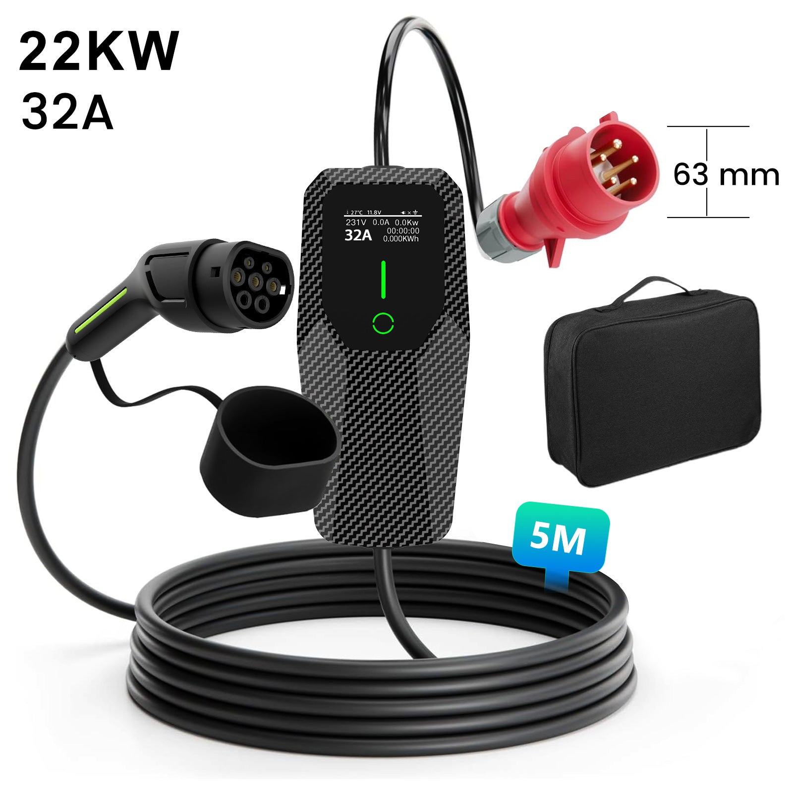 Przenośny kabel ładowania EV 22KW 32A 3-fazowy Typ 2 z regulacją prądu 6A-32A ochrona IP65 długość 5m