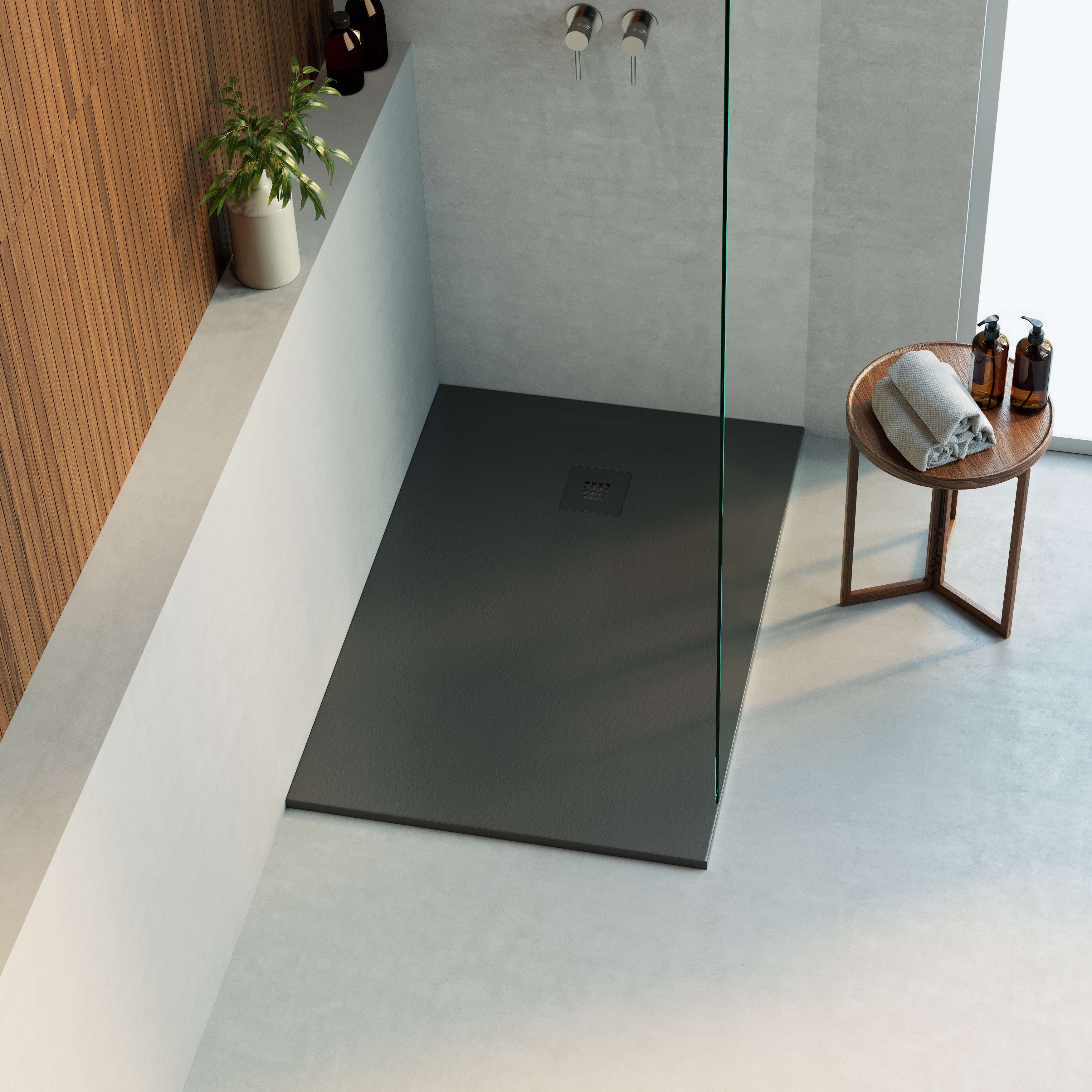 Receveur de douche 140x90 extra-plat Noir en résine minérale antidérapant effet ardoise - Thor LAVABERG - 2
