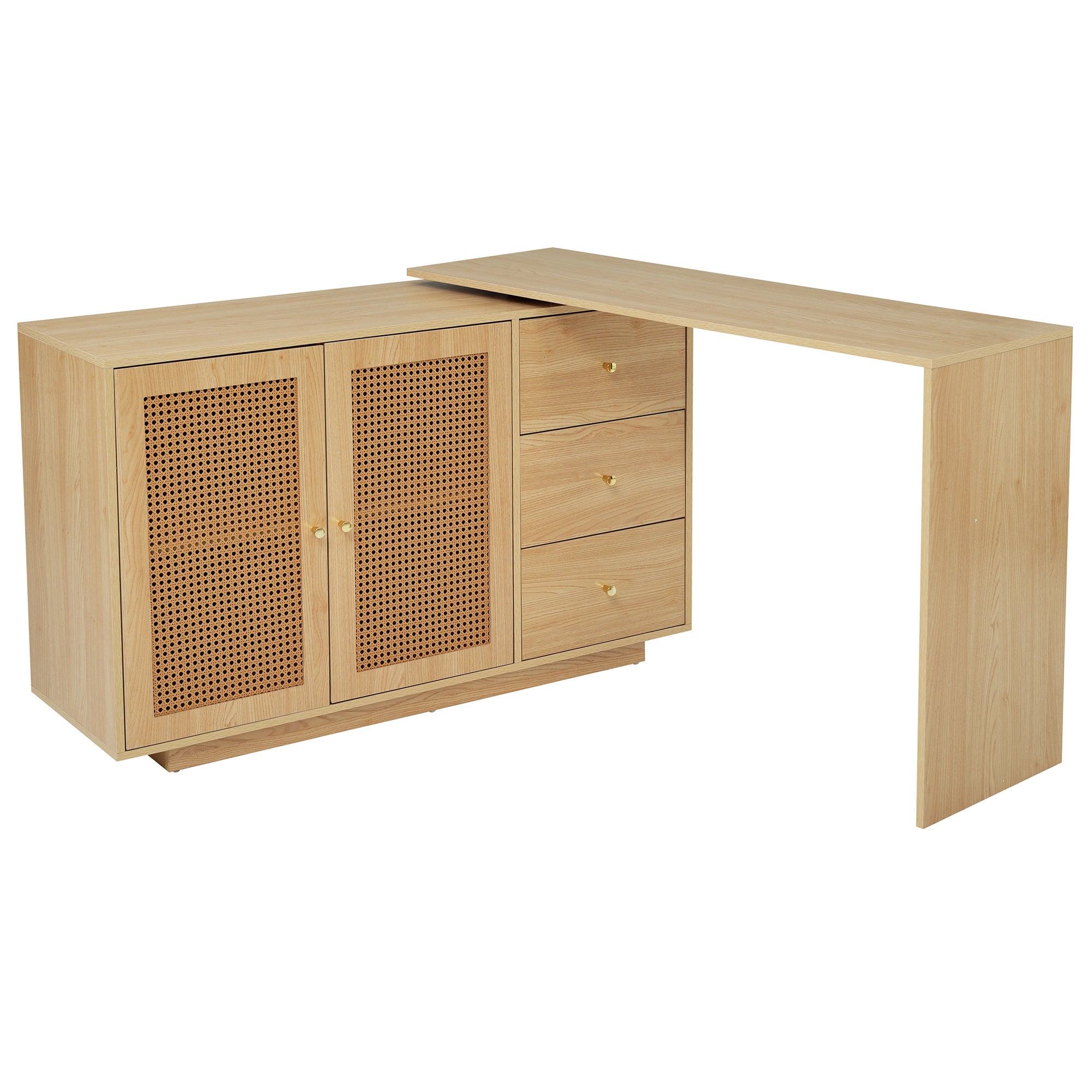 Bureau d'angle avec pivotant 360 degrés, portes en rotin, 3 tiroirs, MDF couleur naturelle - 5
