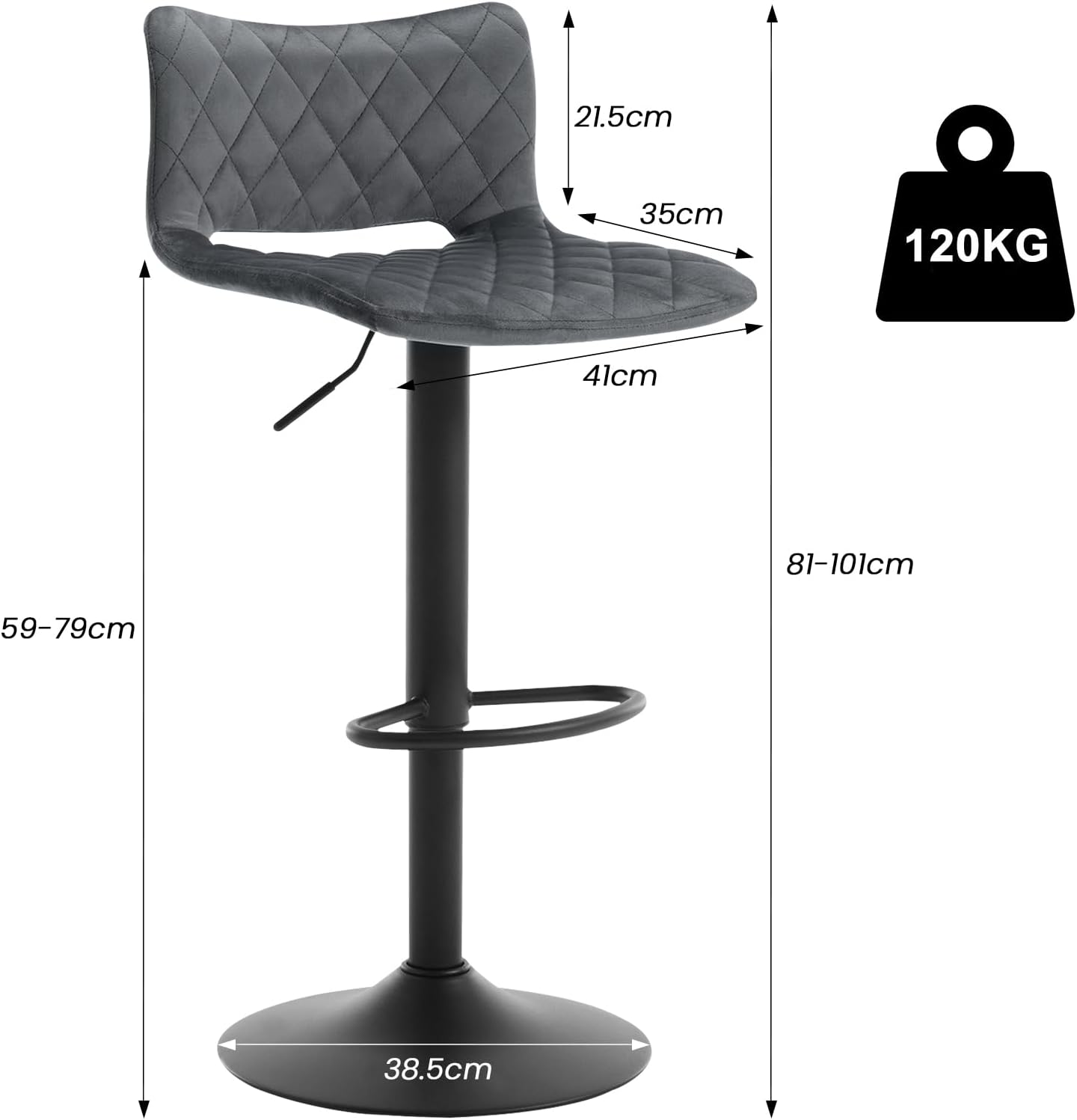 Lot de 2 Tabourets de Bar Pivotants, Réglable en Hauteur, Chaise de Salle à Manger en Velours, Gris foncé WOLTU - 4