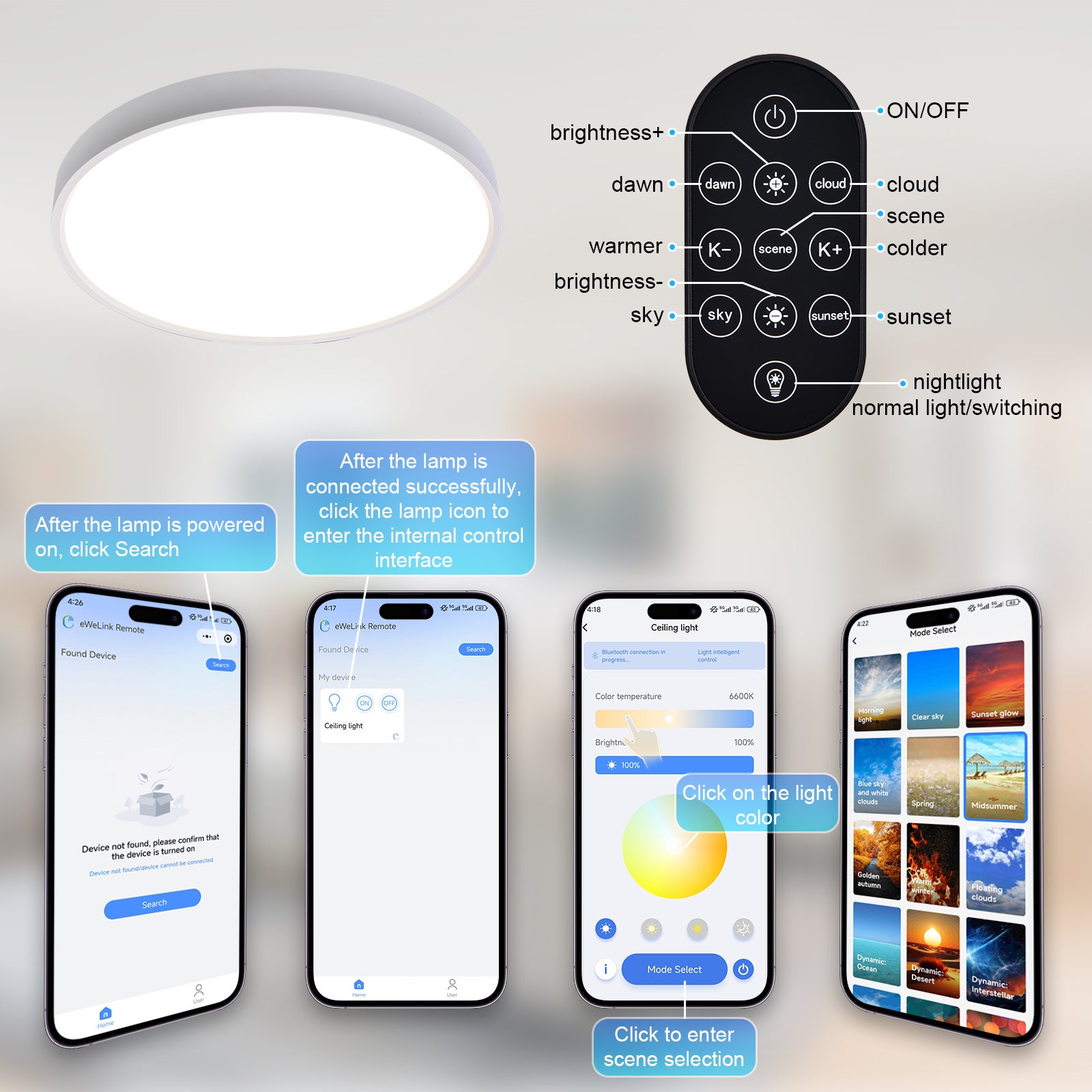 Inteligentne światło sufitowe z kontrolą rytmu dobowego, RGBW 1800K-12000K, symulacja nieba, 80W, 50CM, lampa sufitowa z Pilotem do biura i domu - 3