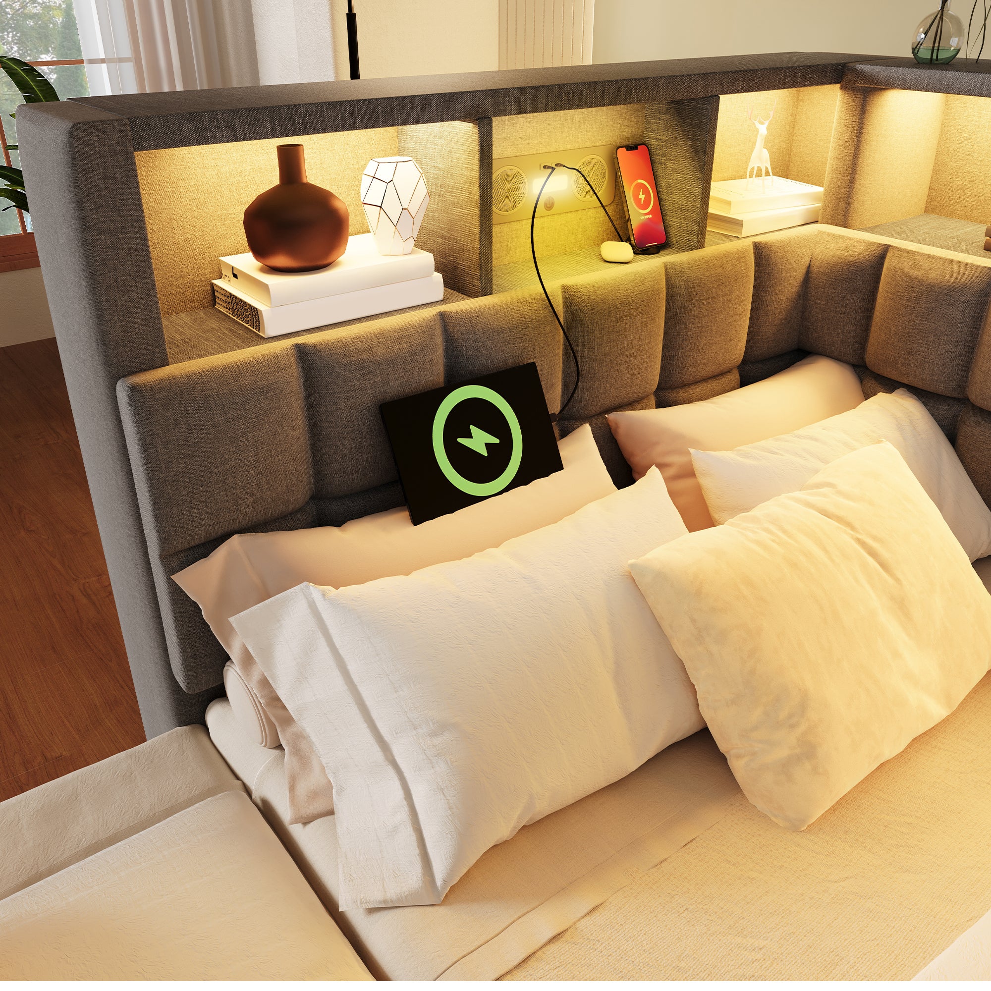 Sofa rozkładana 90x200cm - z wysuwanym łóżkiem - z oświetleniem LED - z głośnikiem Bluetooth i portem ładowania - tkanina lniana - szara - 4