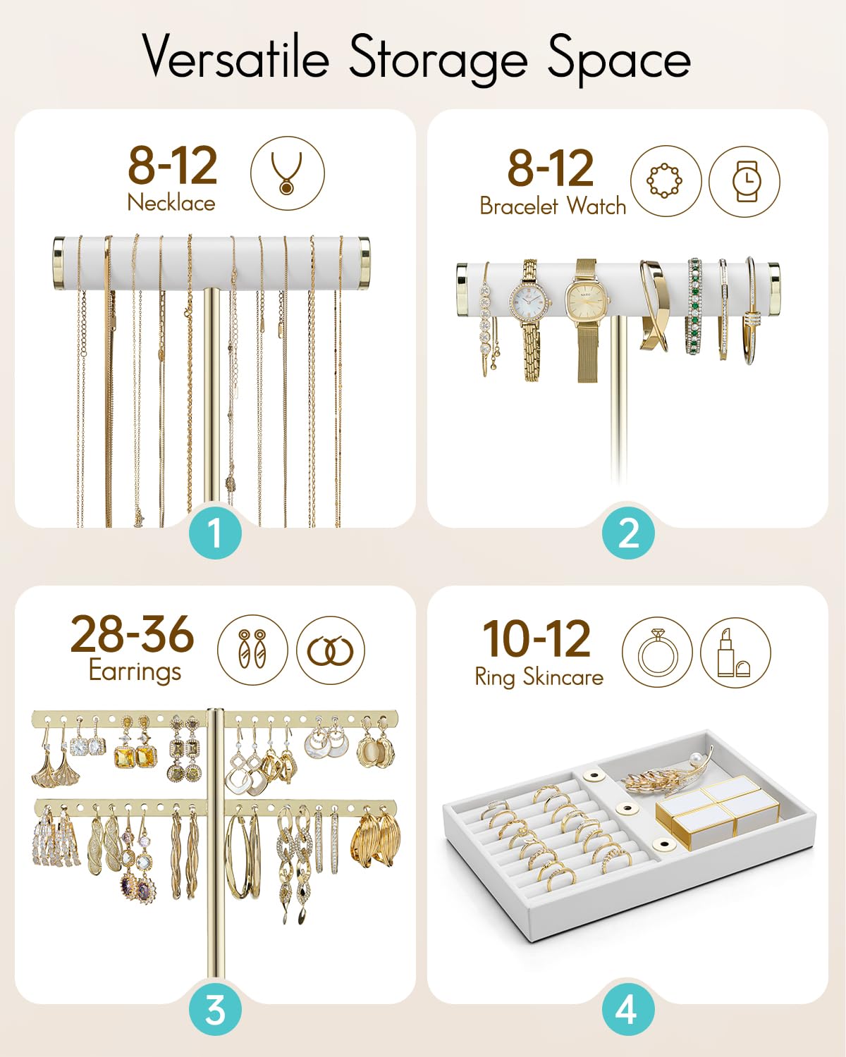 Présentoir à bijoux blanc avec plateau, idéal pour ranger bracelets, colliers, boucles d'oreilles et bagues, étagère de rangement multifonctionnelle. - 2