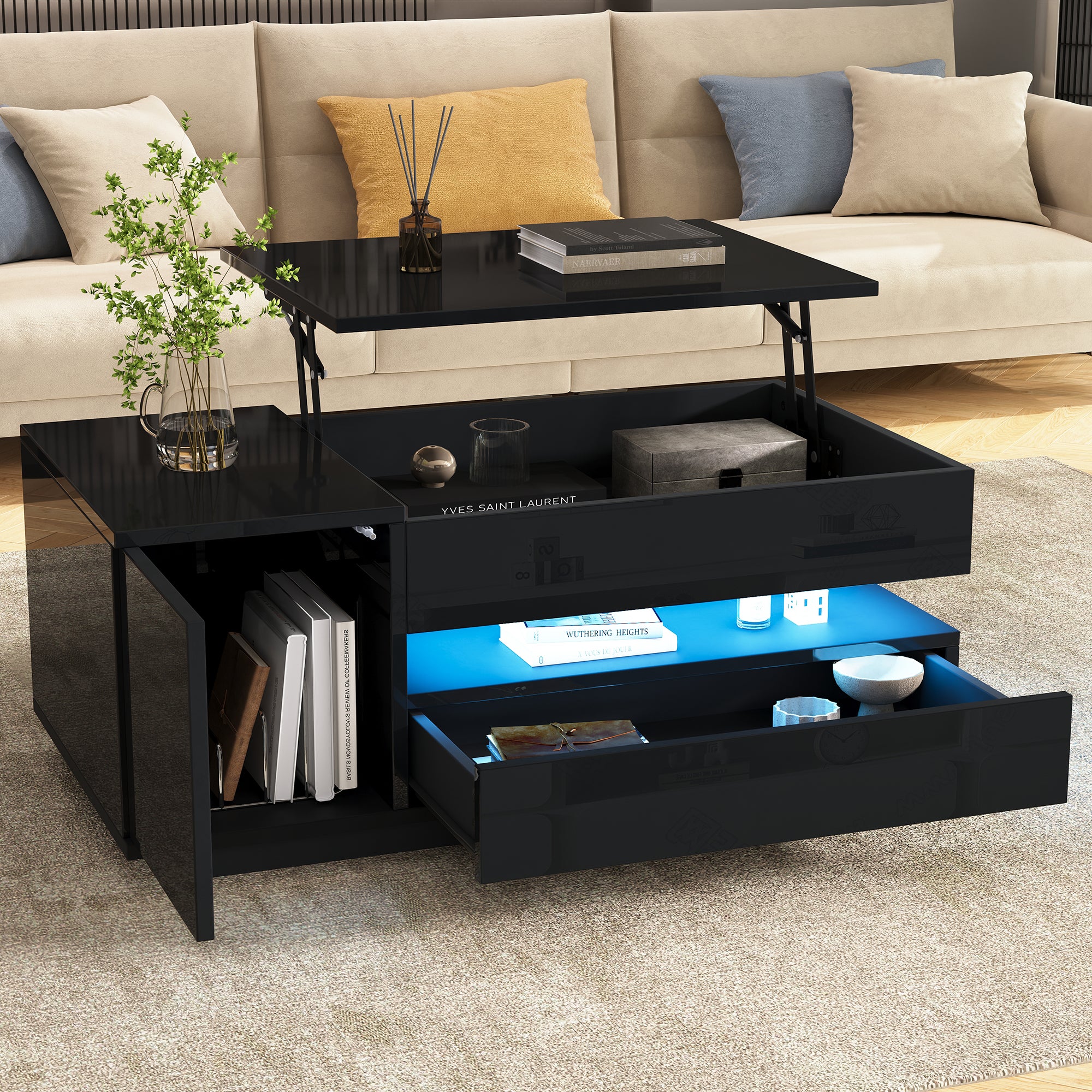 Stolik kawowy regulowany 95×50×34,5 cm - Wykończenie błyszczące - 1 szuflada i 1 drzwi - Oświetlenie LED - Czarny