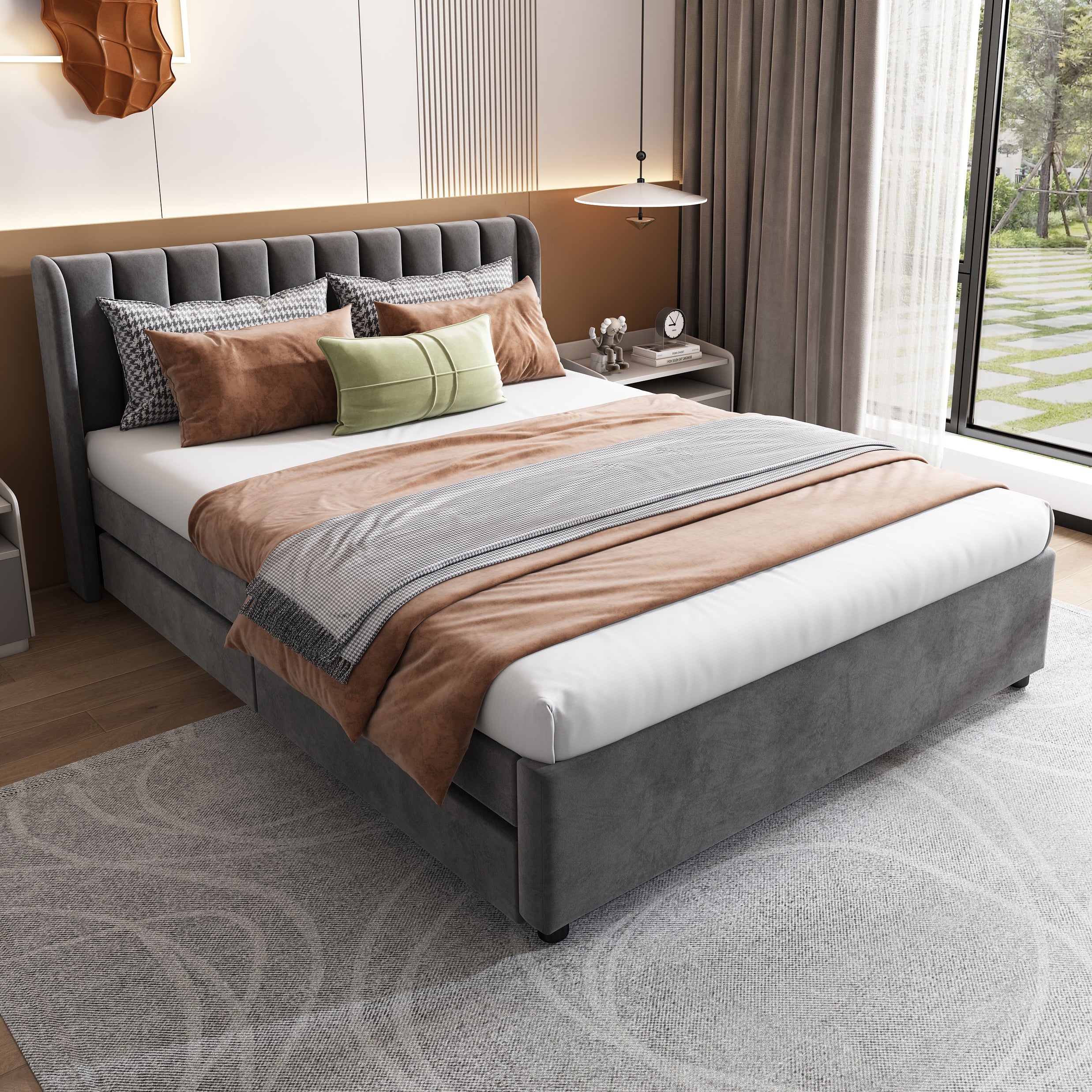 Cama acolchoada em veludo com estrado de ripas e 2 gavetas, 140x200 cm, cinza - COMFORTXL - 2