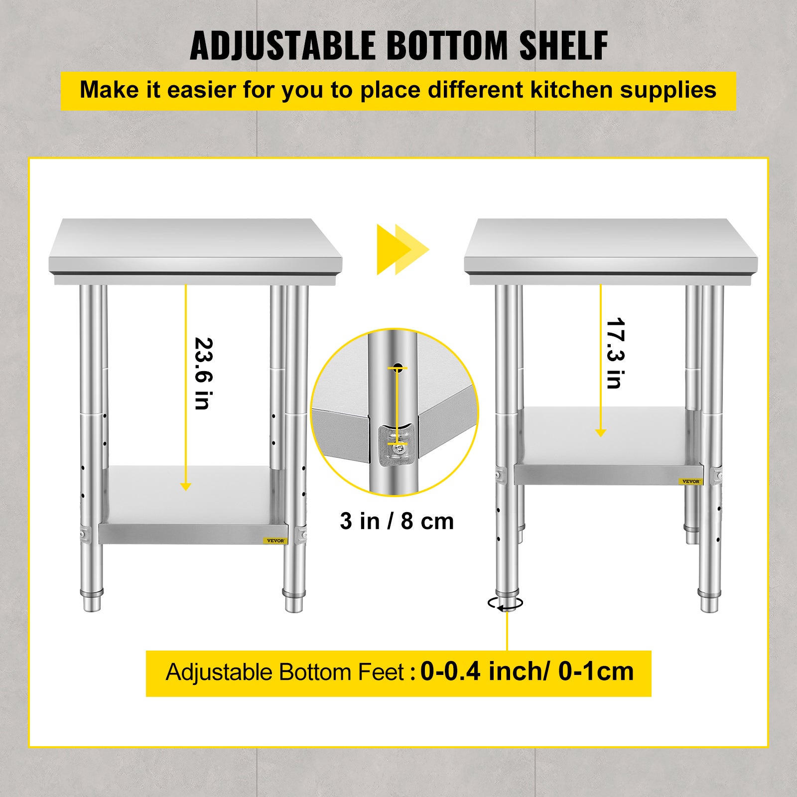 Table de Travail Cuisine Inox VEVOR 60x60x80 cm Plan de Travail Cuisine en 2 Etages Table de Travail en Acier Inoxydable pour Préparation de Cuisine - 5