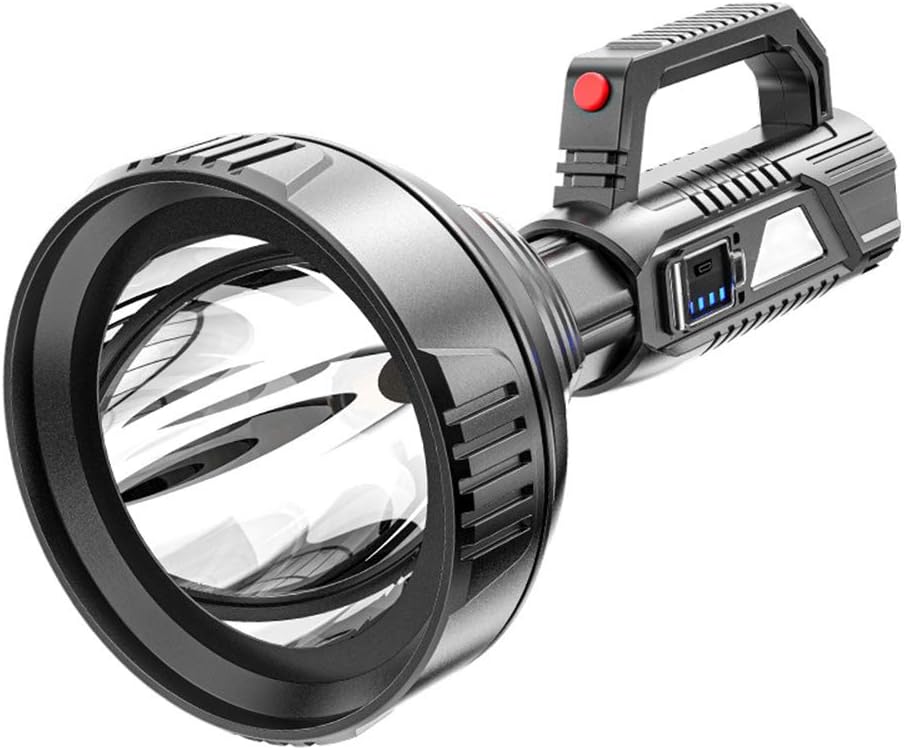 Zewnętrzna latarka LED z ładowaniem USB, wbudowany akumulator, zasięg oświetlenia 500 m, ultrajasna lampa z uchwytem, konstrukcja z dużym odbłyśnikiem