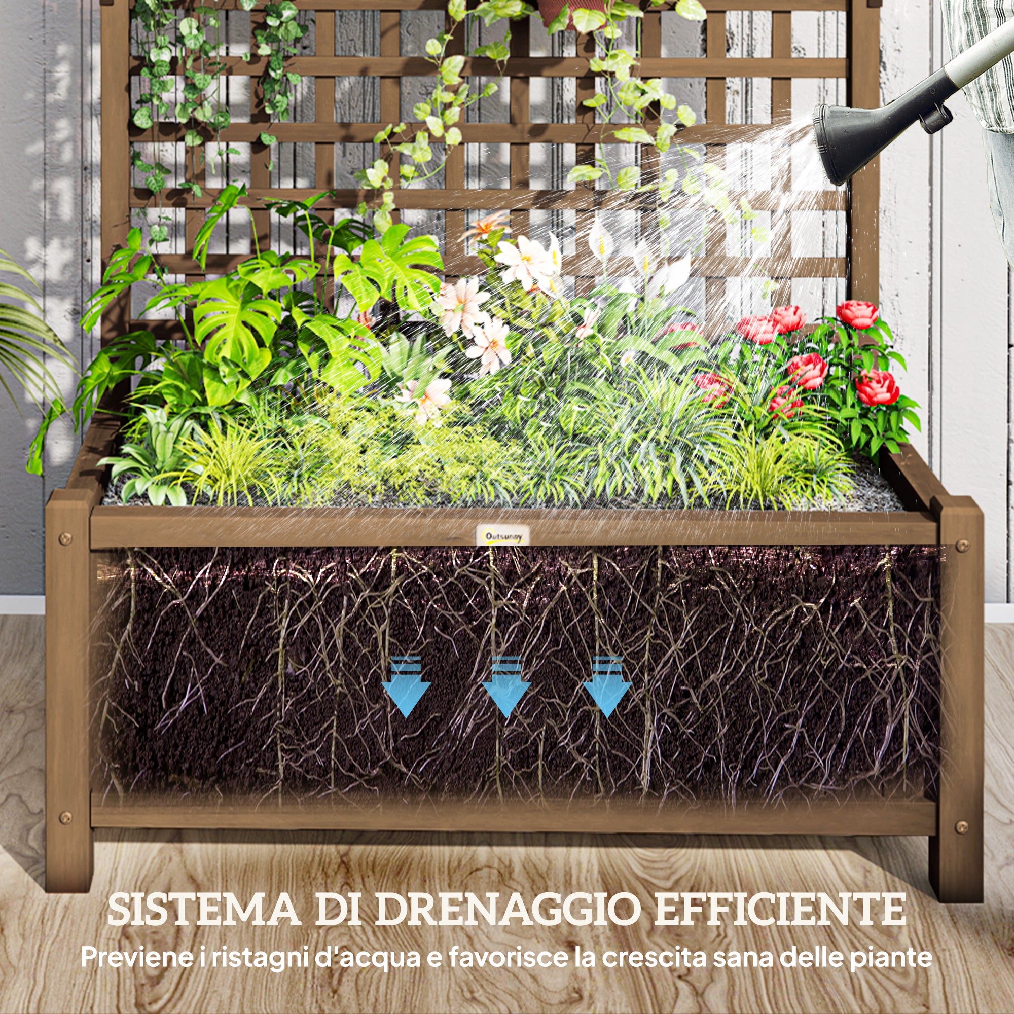 Outsunny Fioriera da Giardino con Traliccio per Piante Rampicanti in Legno di Abete, 90x45x183 cm, Marrone - 6