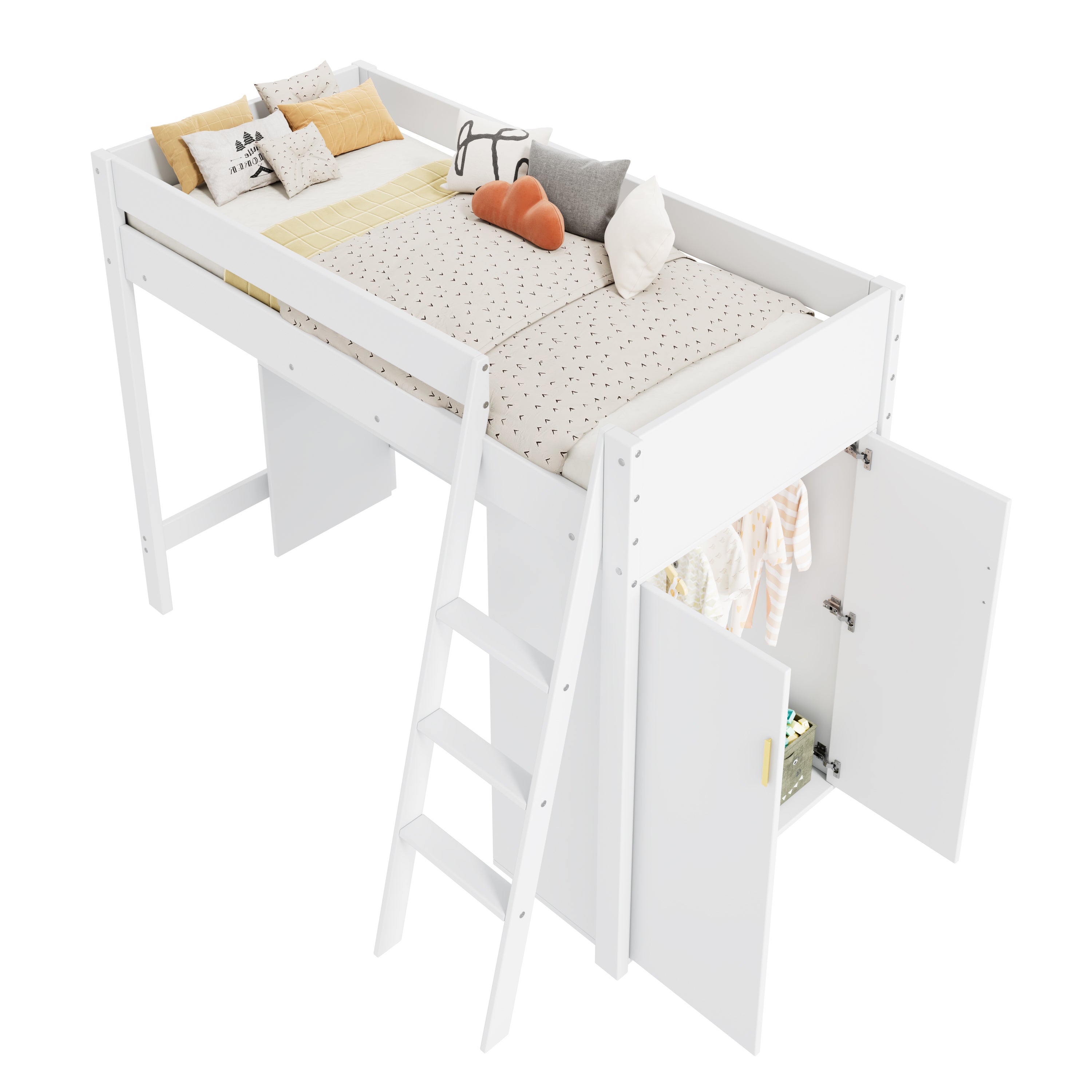 Lit mezzanine 90x200cm en bois - avec bureau et armoire modulable - Blanc - 4