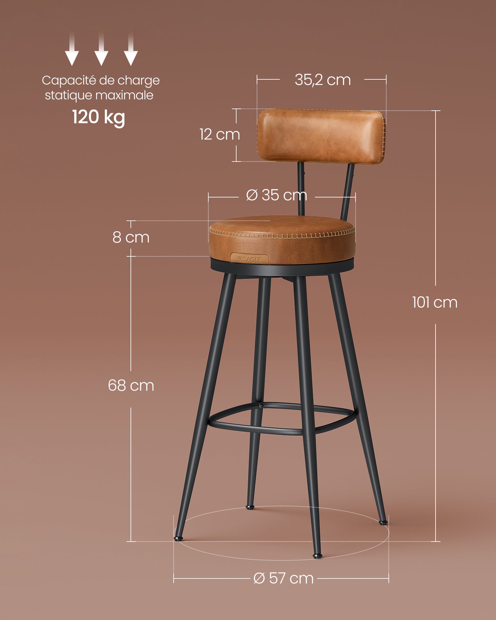 Tabouret de Bar, Lot de 4, Chaise de Cuisine, Siège Rembourré, PU avec Coutures, Style Moderne Mi-siècle, Hauteur 76 cm, Marron Caramel - 5