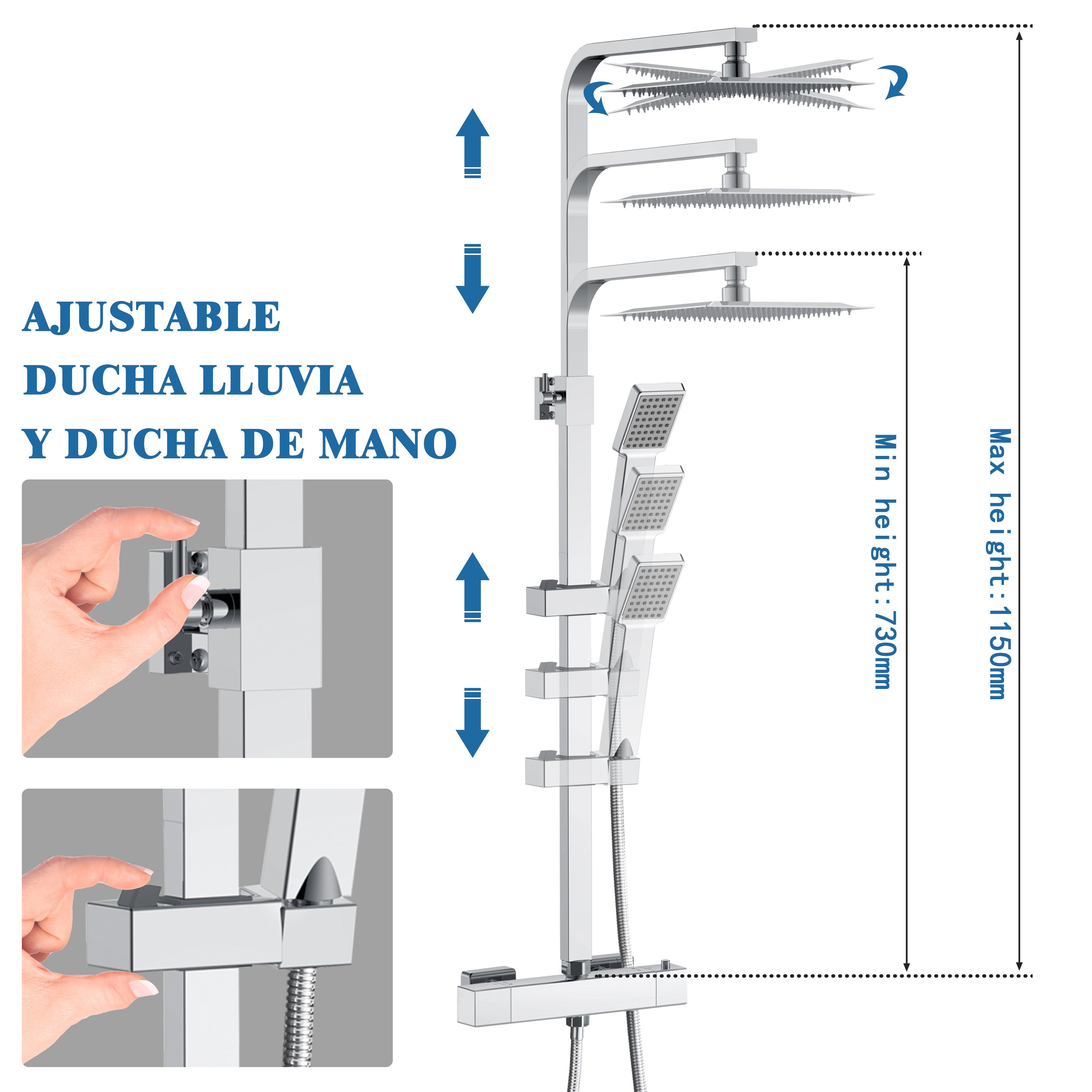 Aica Coluna de Chuveiro Termostática com chuveiro de mão cromado chuveiro de chuva acabamento brilhante barra ajustável - 3