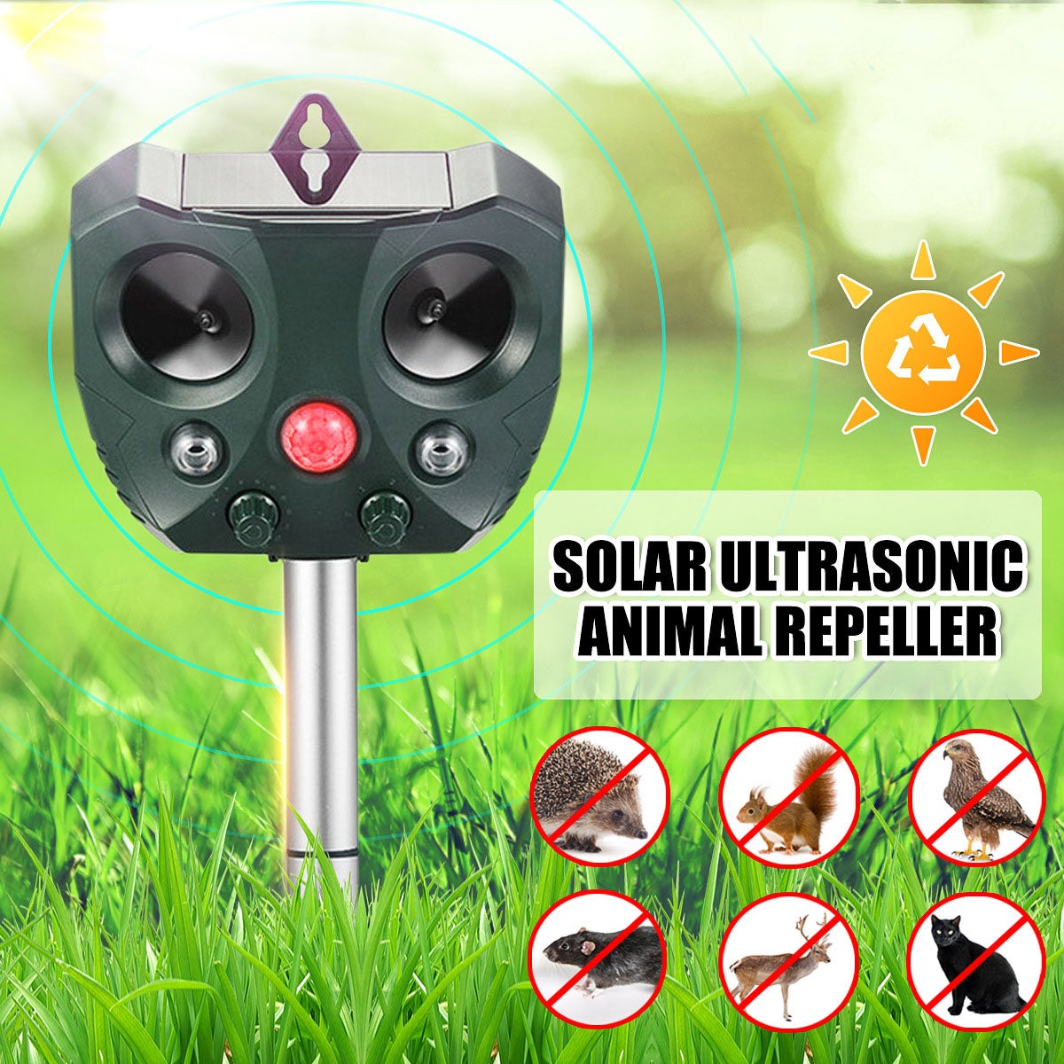 Repellente per Gatti, 360° Repellente per Animali ad Energia Solare con Sensore di Movimento e Luce Lampeggiante, 5 Modalità Ultrasuoni Repellente per
