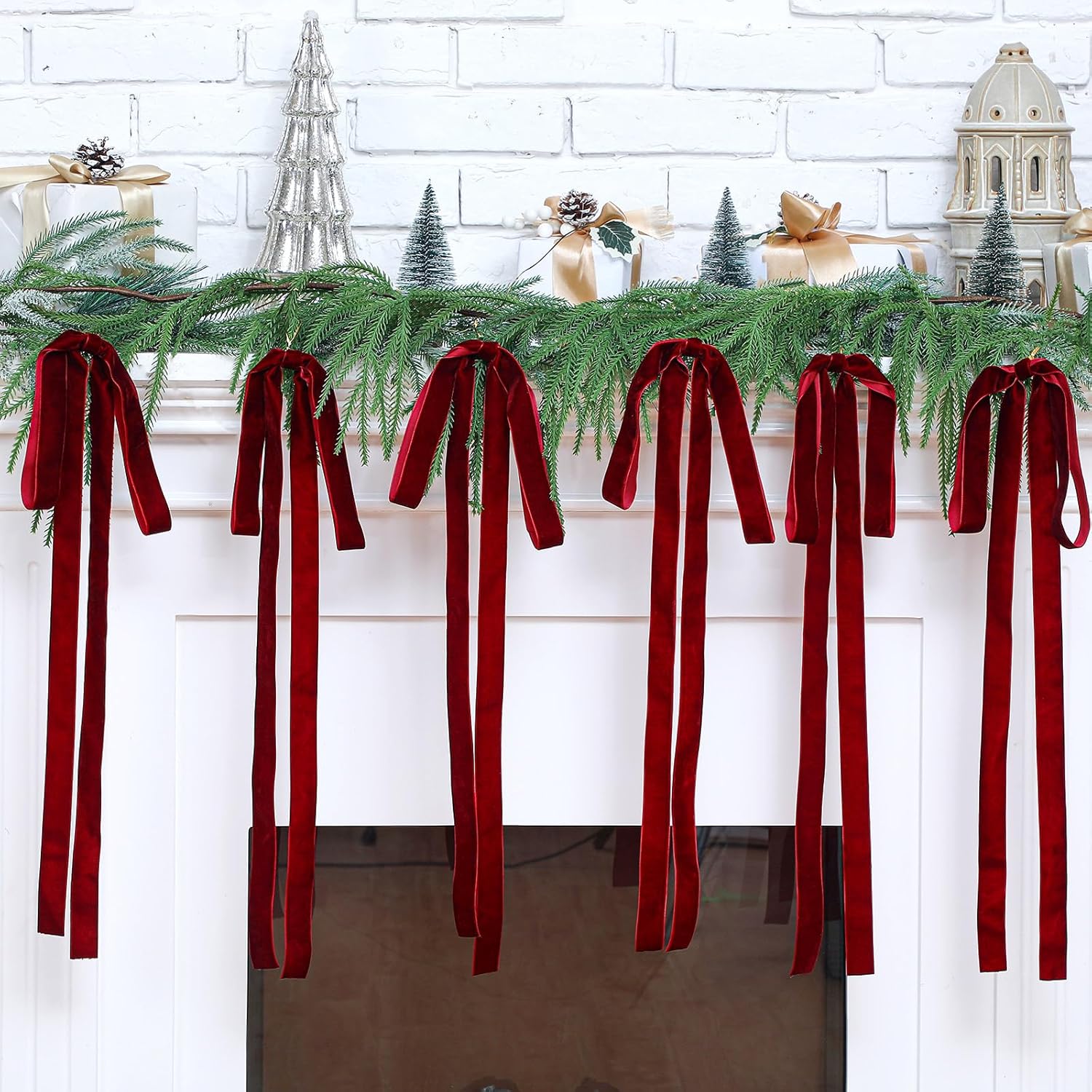 Juego de 6 lazos largos de terciopelo burdeos, adornos navideños, para árbol, corona, escalera, chimenea, puerta, 60 x 40 cm - 3