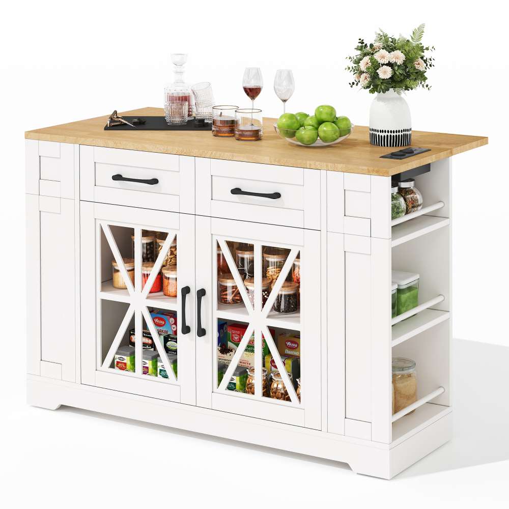 Isla cocina móvil 120 cm, mesa abatible, enchufes ac+usb, vitrinas, 6 estantes, ruedas frenables