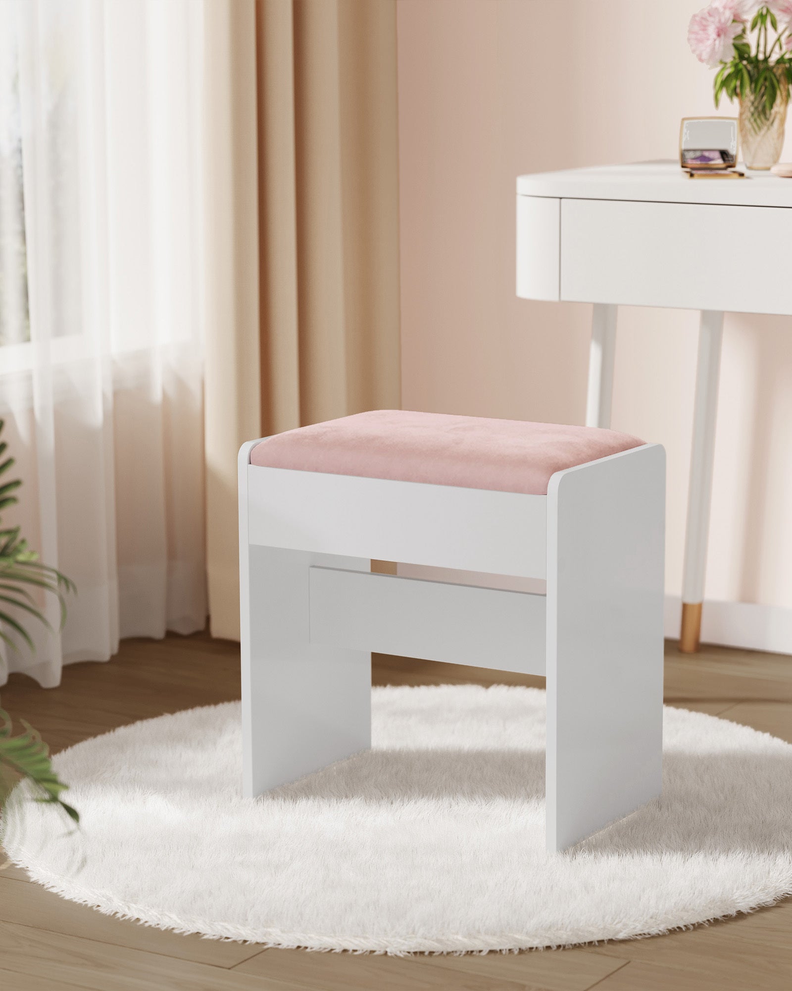 Tabouret de Coiffeuse, en Velours, Patins Antidérapants, Blanc Mat et Rose Bonbon - 2