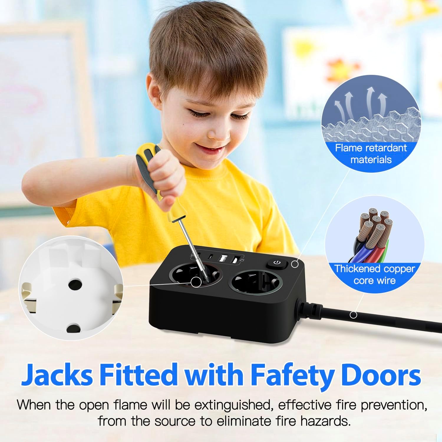 Ciabatta multifunzionale con cavo da 1,8 m, porta USB e protezione da sovratensioni, ciabatta 6 in 1. - 5