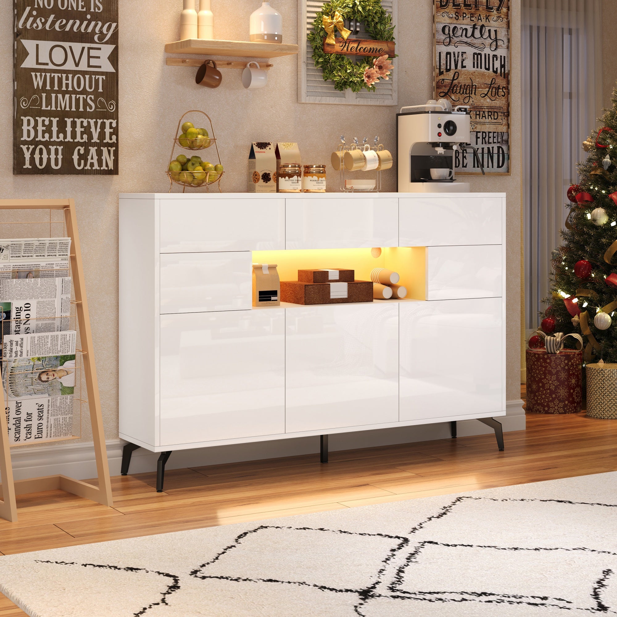Komoda niska z 3 drzwiami i 3 szufladami - 140 x 30 x 94 cm - diody LED - płyta MDF - połyskująca biel