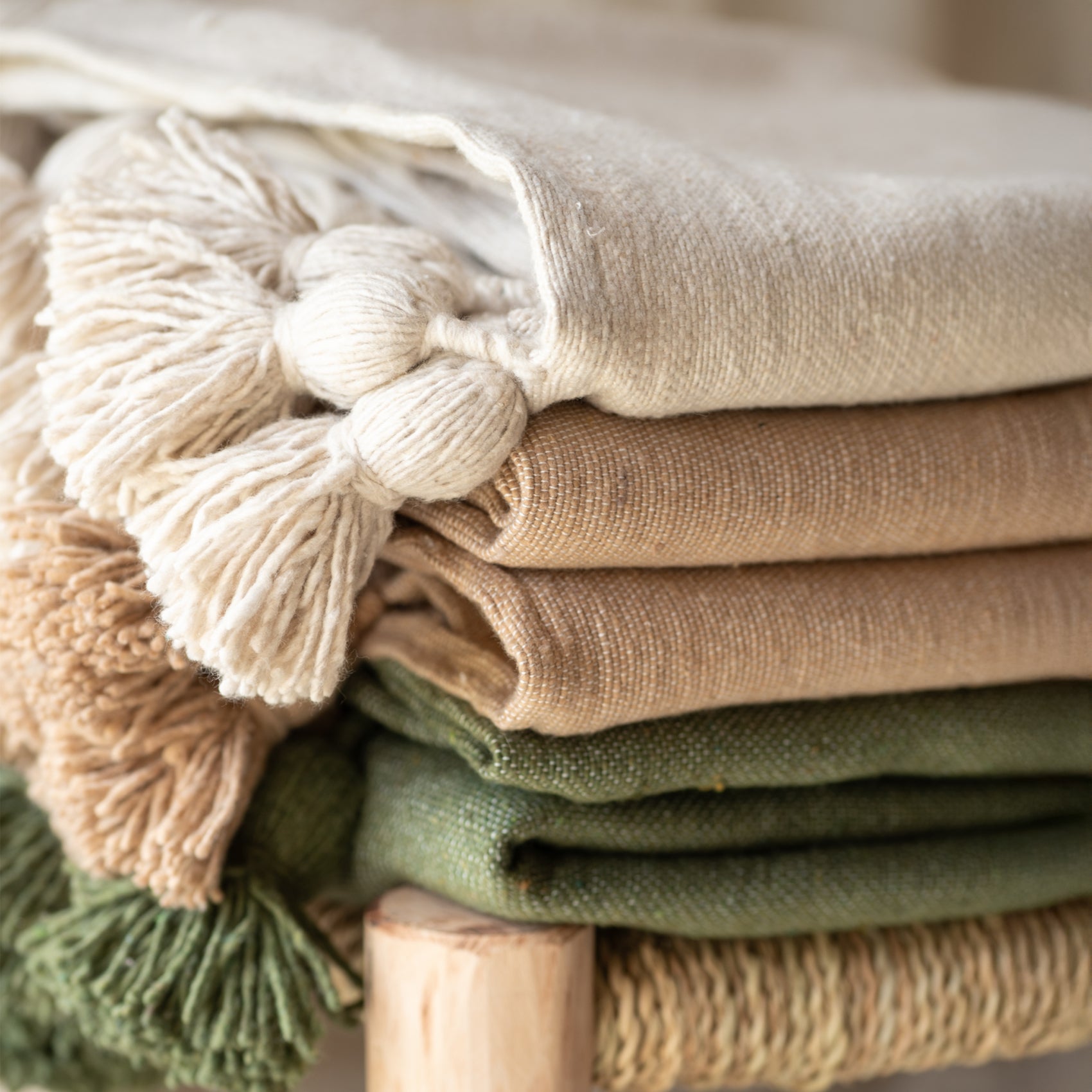 Plaid ou jeté de lit laine à pompons - Vert - 300x200 cm - Laine - 5