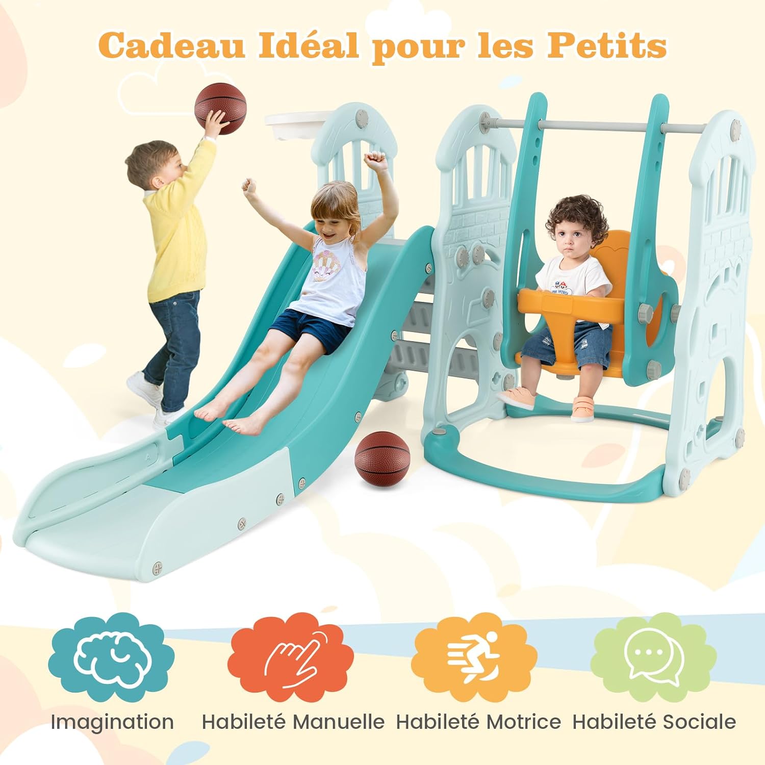 4 en 1 Toboggan Enfant Pliable avec Balançoire Réglable & Panier de Basketball, avec Échelle d’Escalade & Ballon, Charge 30kg pour 18 Mois+ - 6