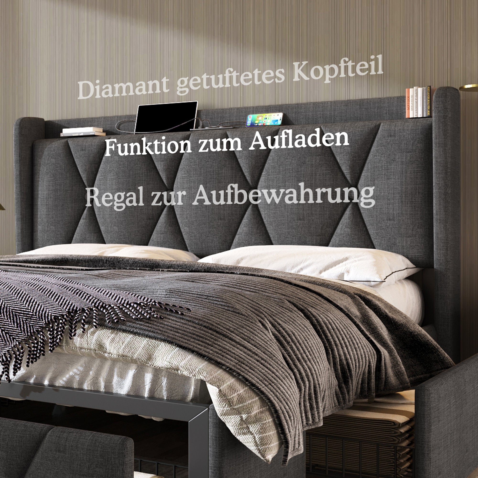 Cama tapizada 160 x 200 cm con cabecero y 4 cajones - USB - tela de lino - gris - 5