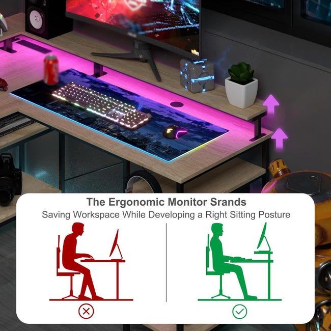 Bureau D’Angle En L Rolanstar Avec Tiroirs, Gaming, LED RGB, Prises Et Support Écran - 163 Cm Réversible