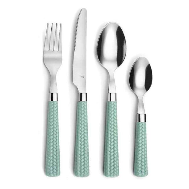 Set de 24 cubiertos Paille Amefa mango trenzado verde agua
