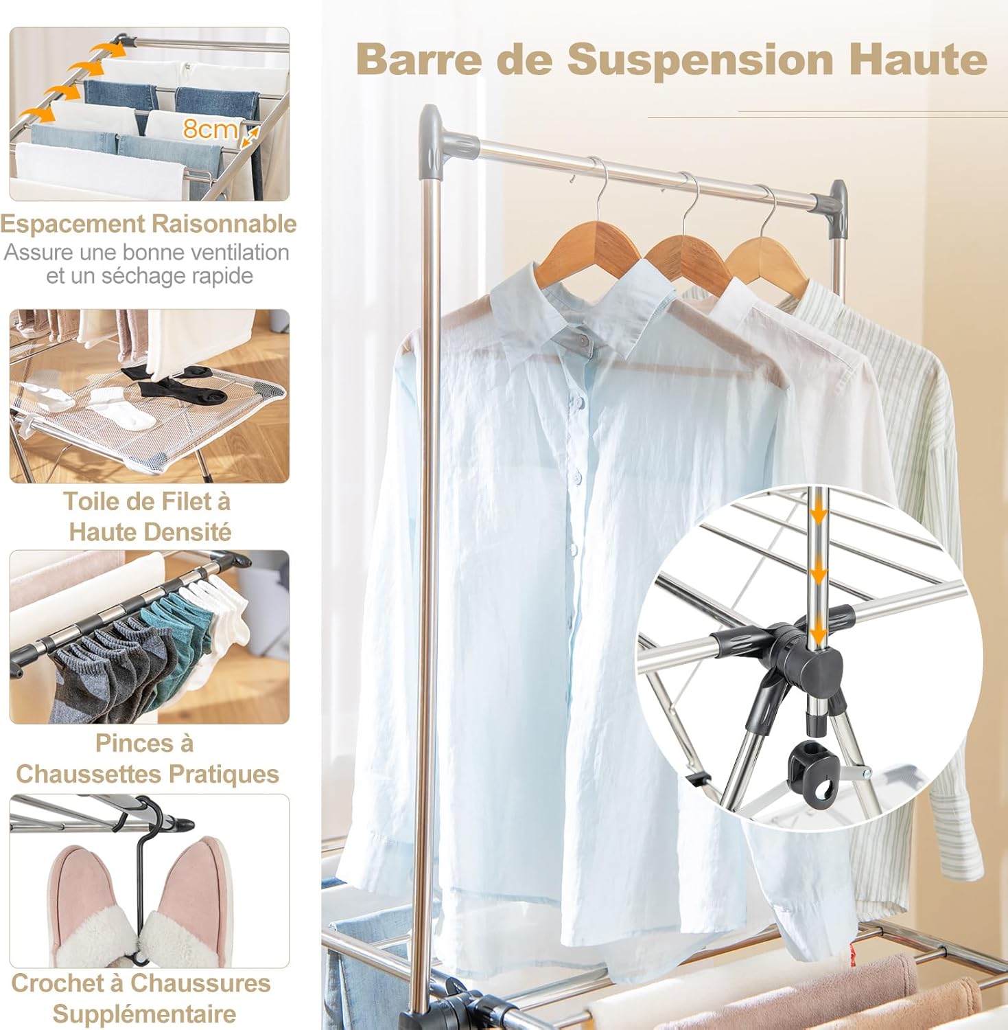 Étendoir Linge Intérieur,en Acier Inox, Cintre Haut 182 cm, Grand Filet de Séchage, Tancarville Linge Solide Réglable 70-140 cm - 5