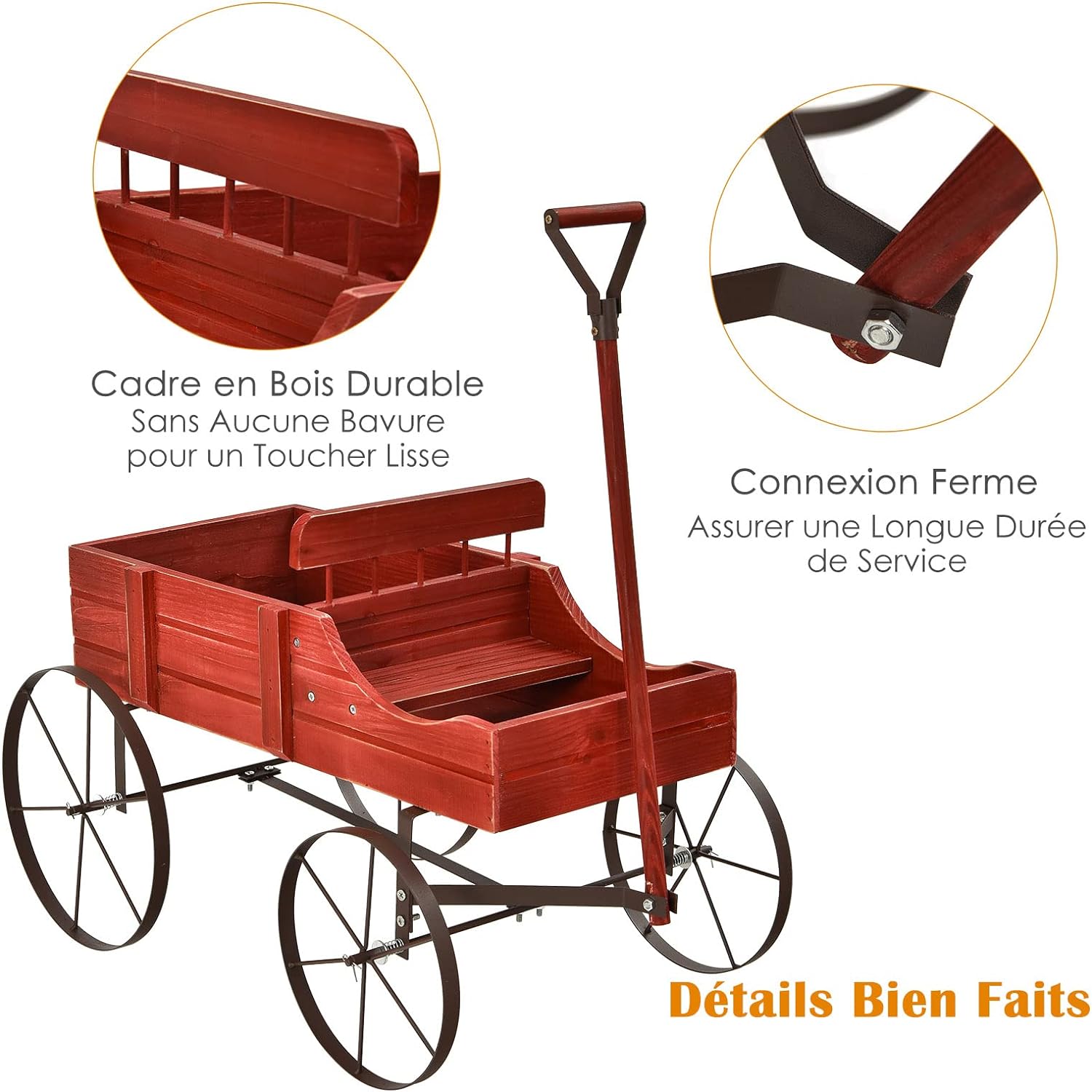 Brouette Décorative en Bois- 35×62,5×60cm- 2 Compartiments à Plantere-Jardinière Forme Brouette Chariot-Jusqu’à 15kg-Rouge - 7