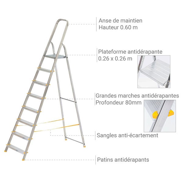 Escabeau 8 marches - Hauteur max. de travail 3.62m - 918 - 3