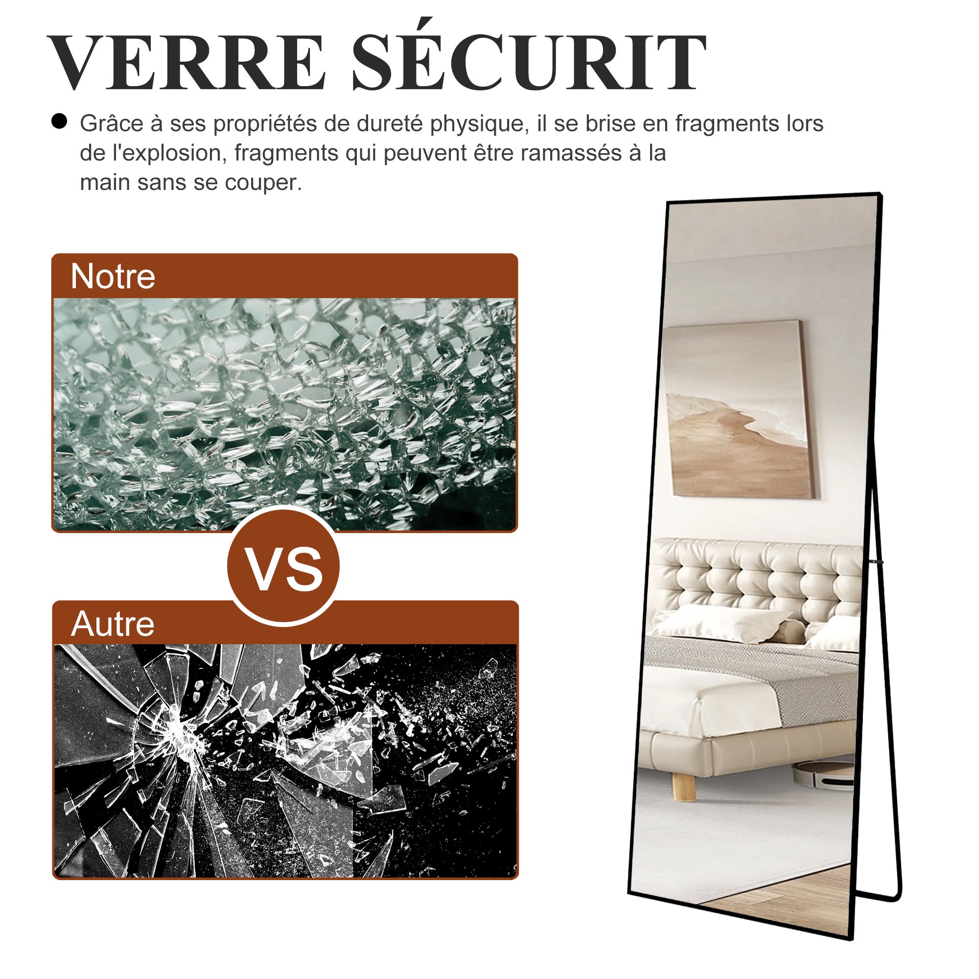 Miroir sur pied Rectangulaire 164 x 54cm, Grand Miroir Intégral avec Cadre en Alliage d’aluminium pour Chambre, Salon, À suspendre ou s'appuyer, Noir - 9