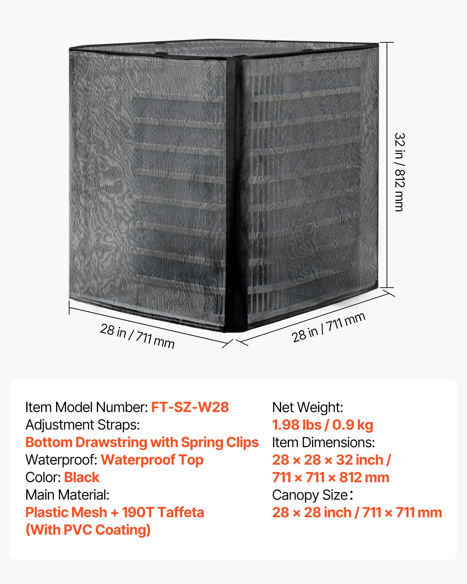 Capa ar-condicionado externo VEVOR, 71,1x71,1x81,2 cm, tecido poliéster e malha PVC, topo removível impermeável, tamanho universal - 7