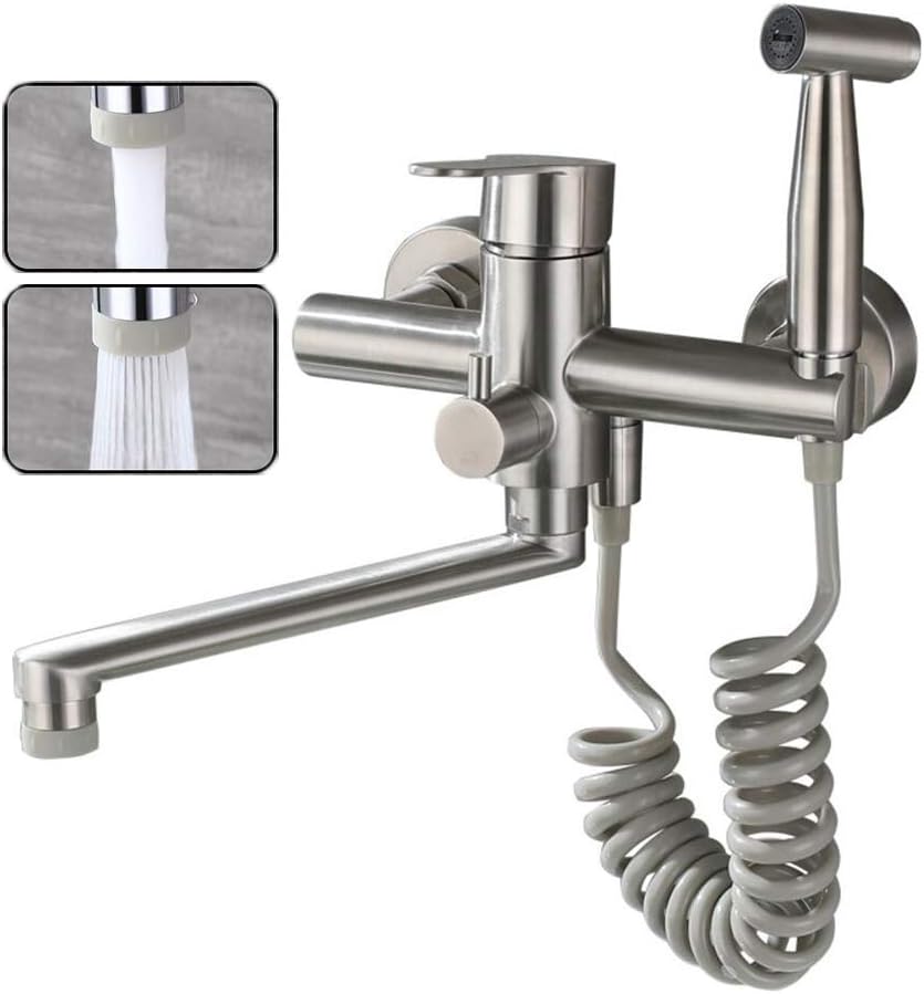 Bateria kuchenna montowana na ścianie, wylewka ze stali nierdzewnej 304 do kontaktu z żywnością, z pistoletem natryskowym i 2 rodzajami strumienia