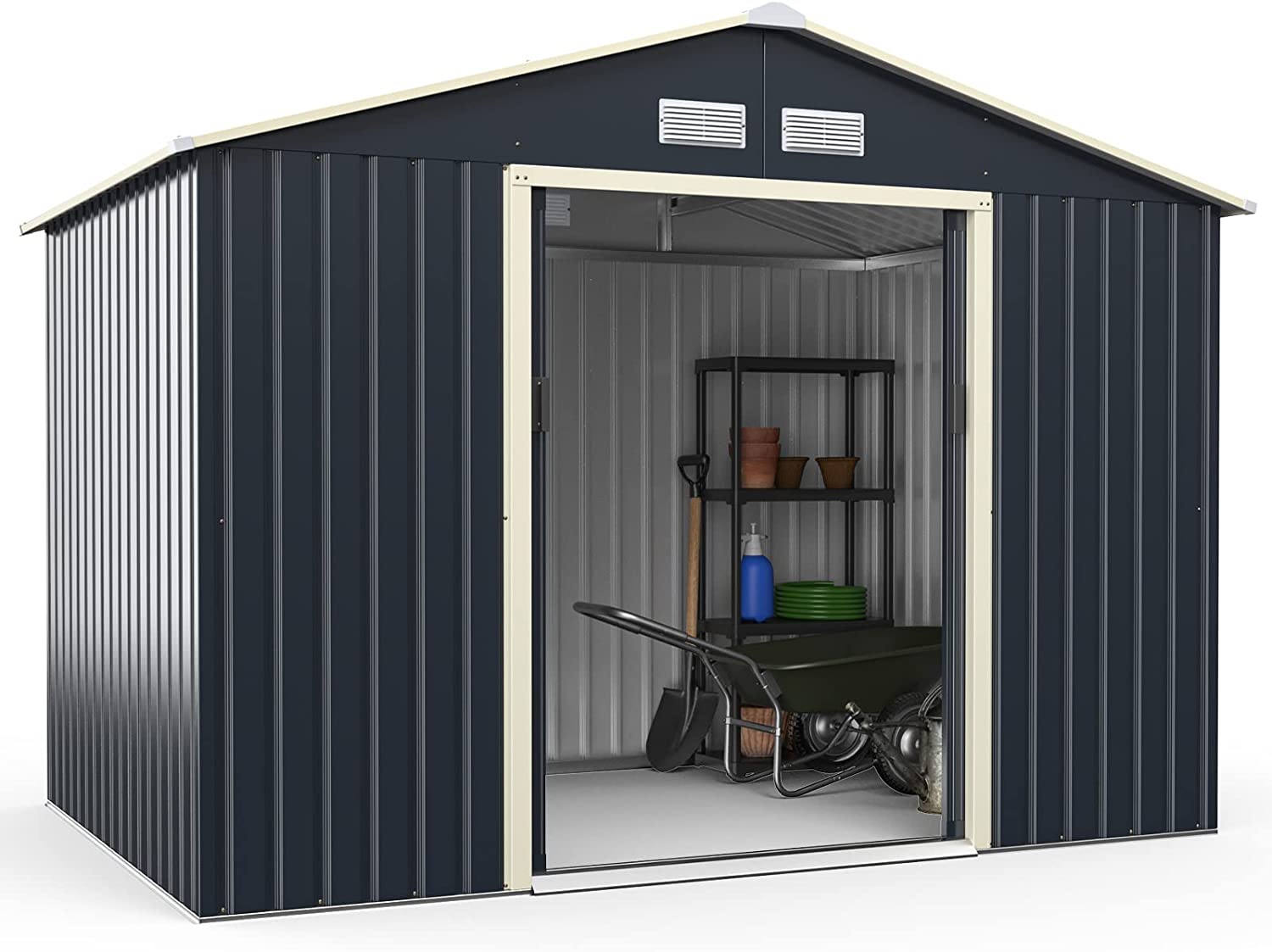 metalowa szopa na narzędzia, 277 x 191 x 202 cm, zamykana, domek ogrodowy z 4 otworami wentylacyjnymi i drzwiami przesuwnymi, rowery, narzędzia