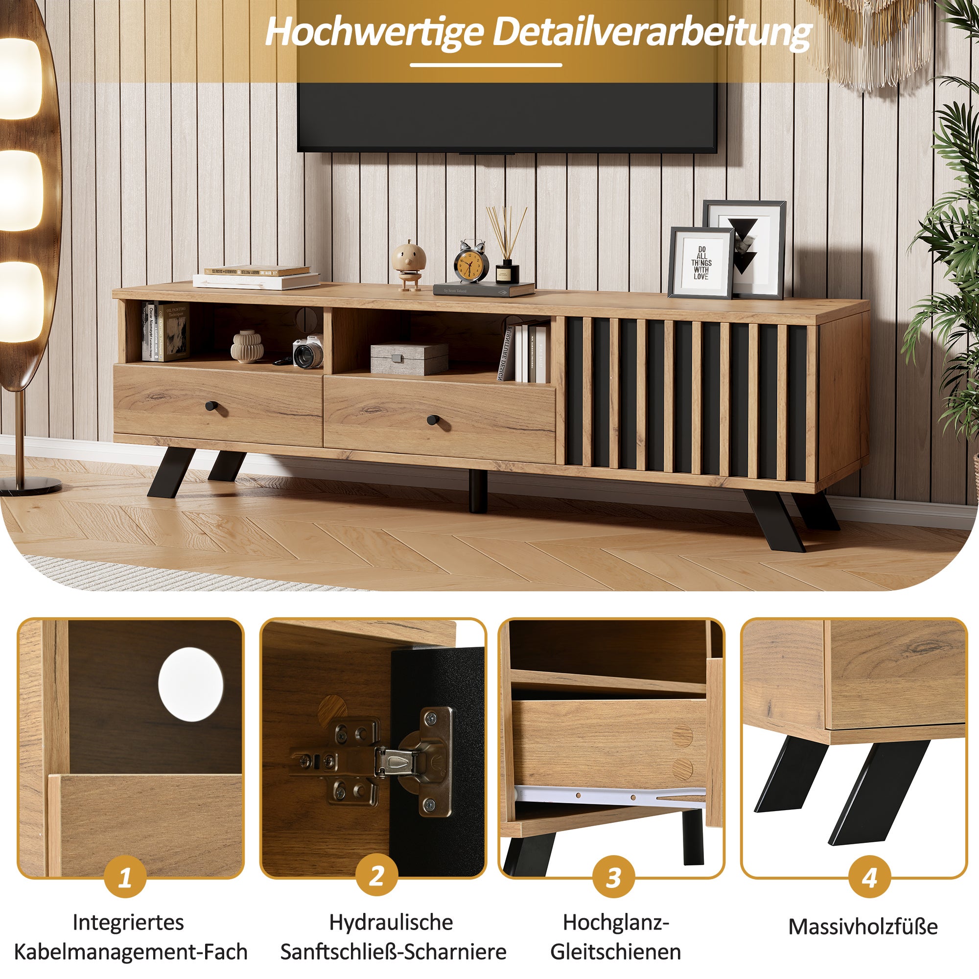 Meuble TV avec 2 tiroirs, 2 compartiments et 1 porte - 150 x 38 x 44 cm - Panneau de particules - Bois naturel - 7