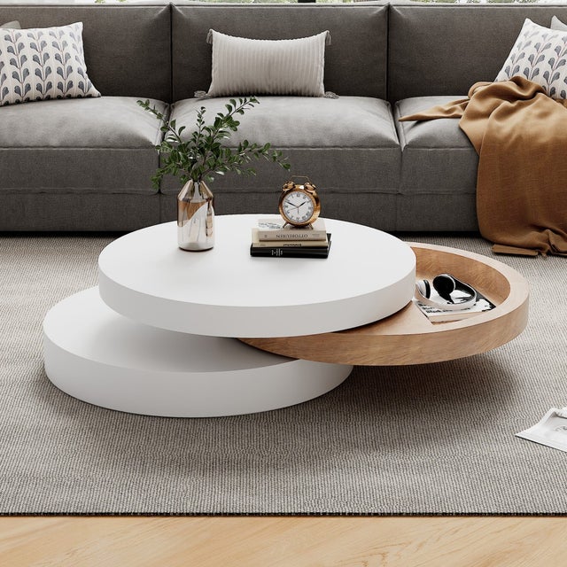 Table Basse Cylindrique Rotative - 60x60x35.1cm - 3 Niveaux Pivotants en MDF et Placage Frêne avec Coffre Caché - Blanc et Naturel