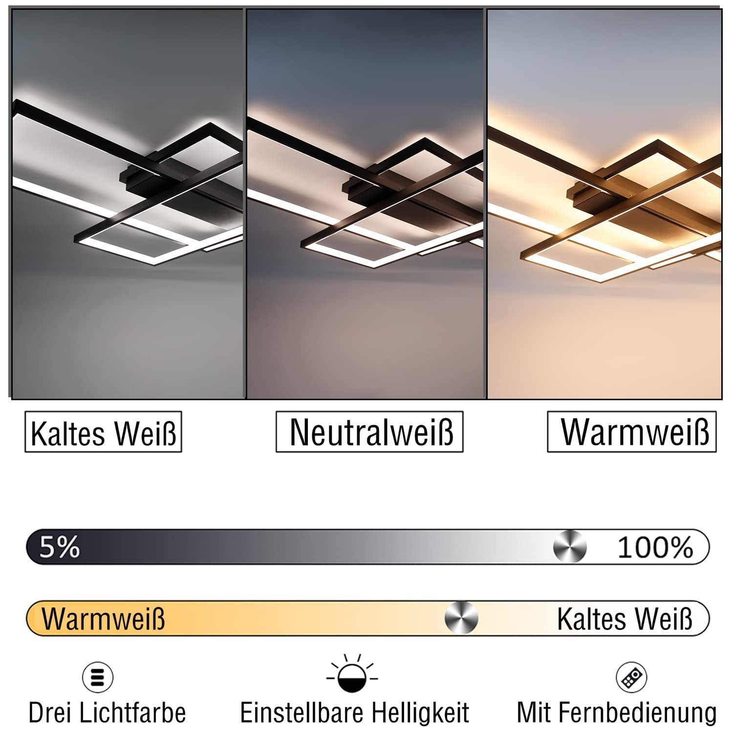 ZMH Nowoczesna geometryczna prostokątna lampa sufitowa z 3 diodami LED, rozsuwana do 65 cm/100 cm - 2