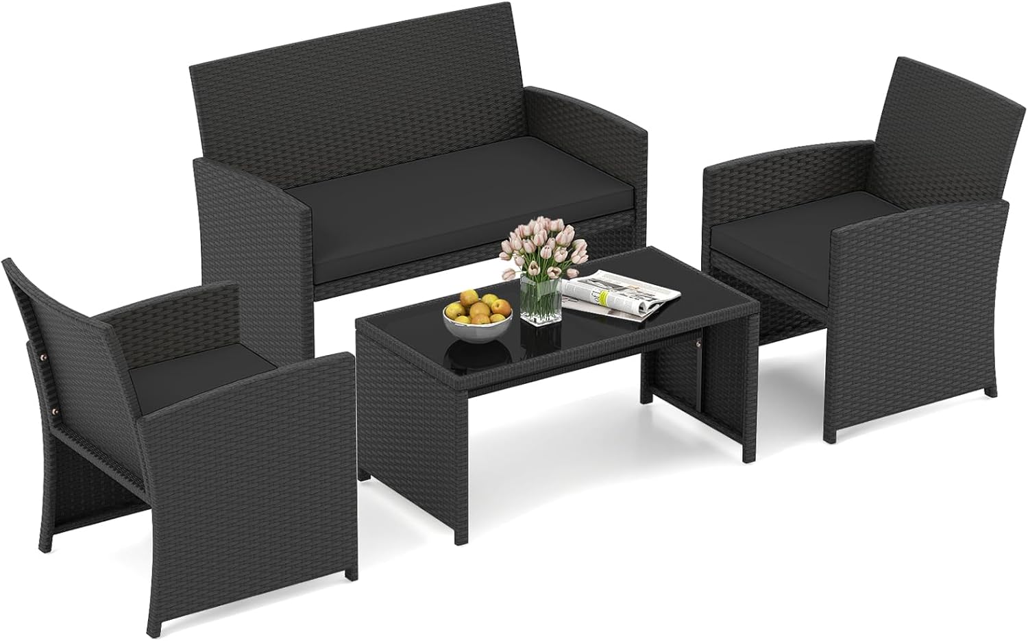 GIANTEX Ensemble de Salon de Jardin in Rotin PE 4 piese, cu scaune de masa bass din sticla umplită, cu perne pentru patio Porche Piscina, negru