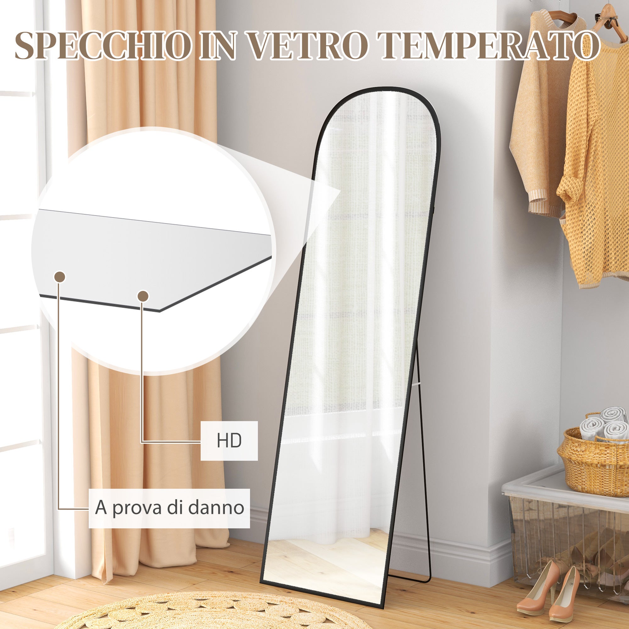 HOMCOM Specchio da Terra e Parete Moderno in Lega di Alluminio con Supporto Pieghevole, 50x170 cm, Nero - 5