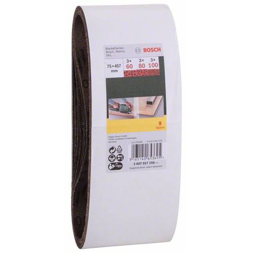Bosch Zestaw taśm szlifierskich do B&D, 9-częściowy, 75 x 457 mm, ziarnistość 60, 80, 100 - 2607017156 - 2