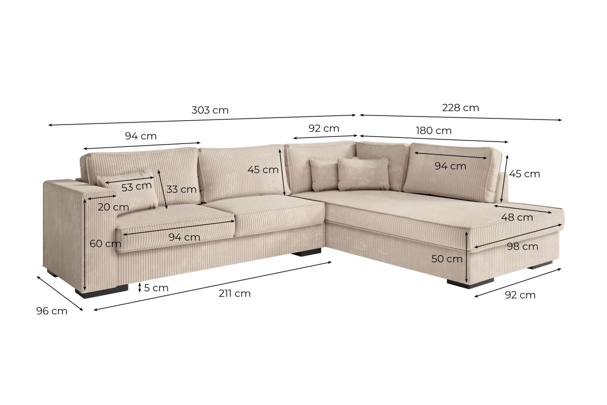 Loungitude - BELAMI - Canapé d'angle XXL 6 places en velours côtelé - Beige - Angle Gauche - 9