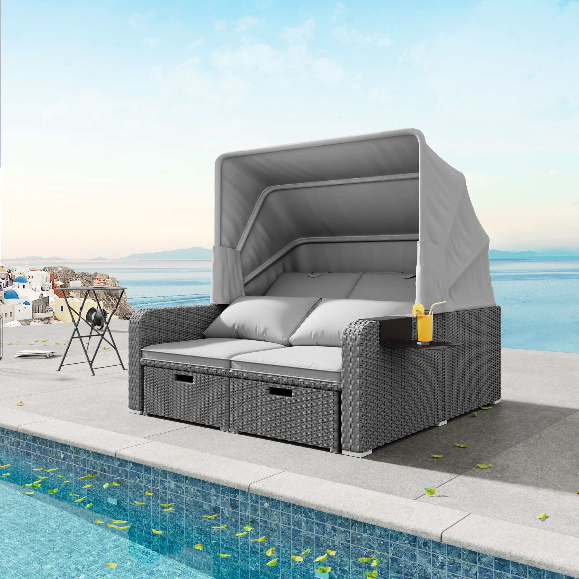 Canapé Polyrattan 2 Places avec Fauteuil Lounge, Coussins Confortables et Marquise Amovible pour Jardin et Terrasse - 3