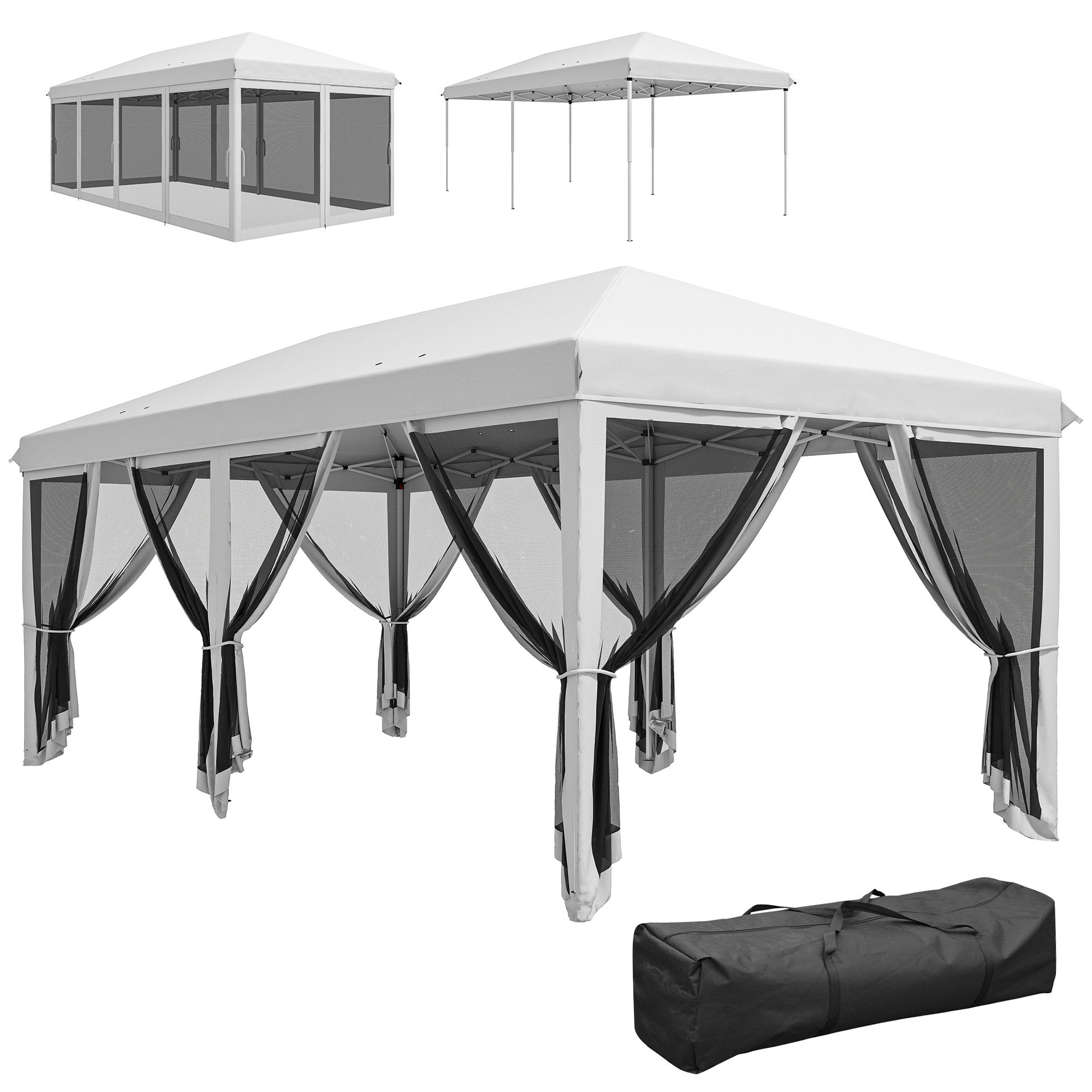 Cenador plegable de acero de 6x3 m con 6 cortinas mosquiteras, color crema.